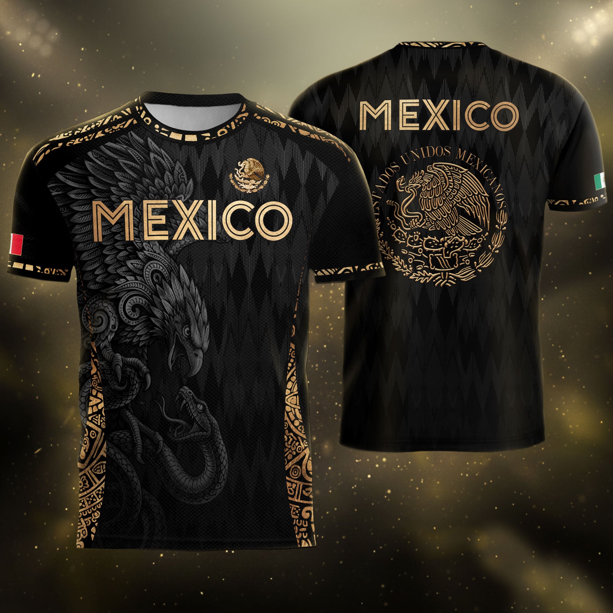 Camiseta de fútbol premium con emblema de águila azteca verde y dorado de México
