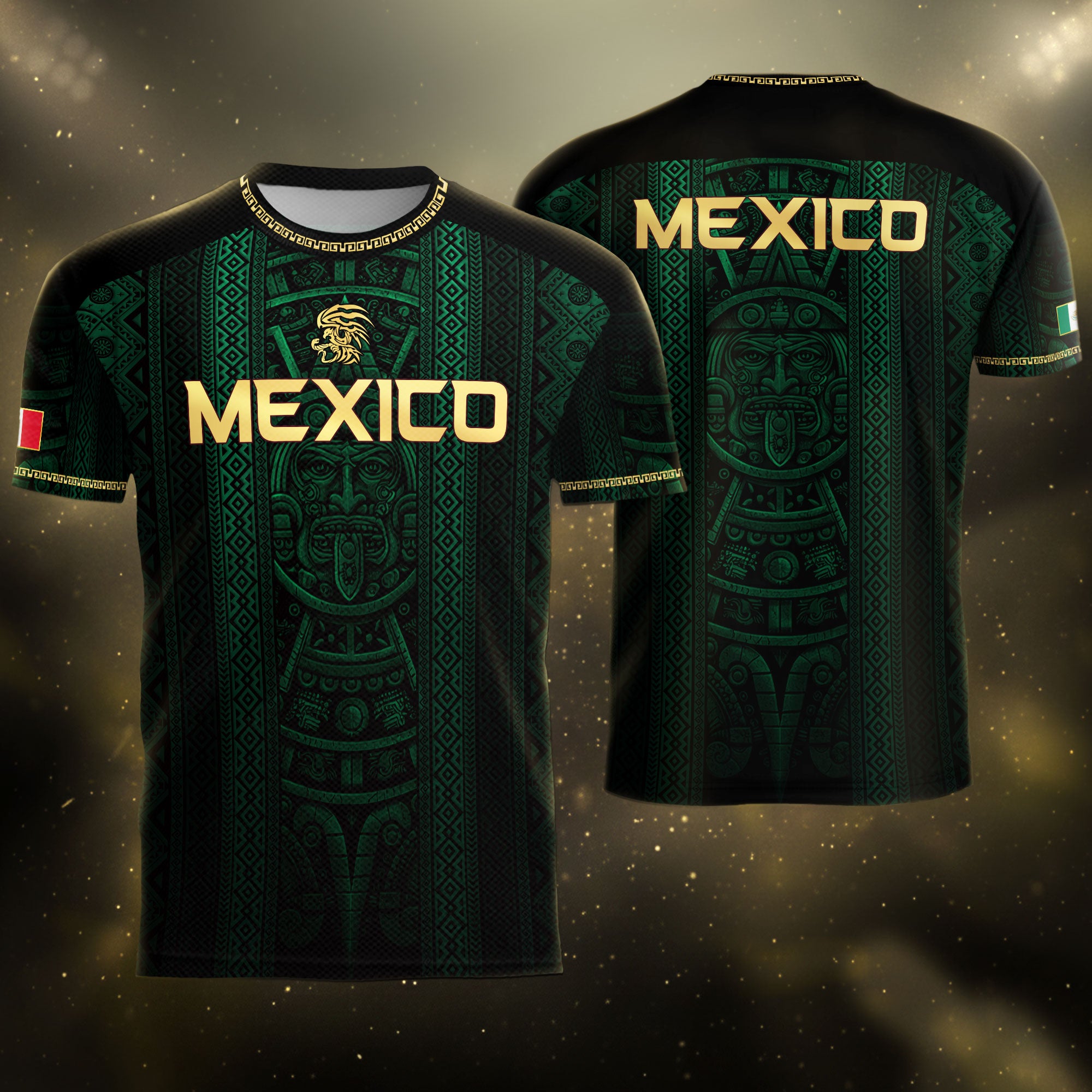 Camiseta de fútbol premium con emblema de águila azteca verde y dorado de México