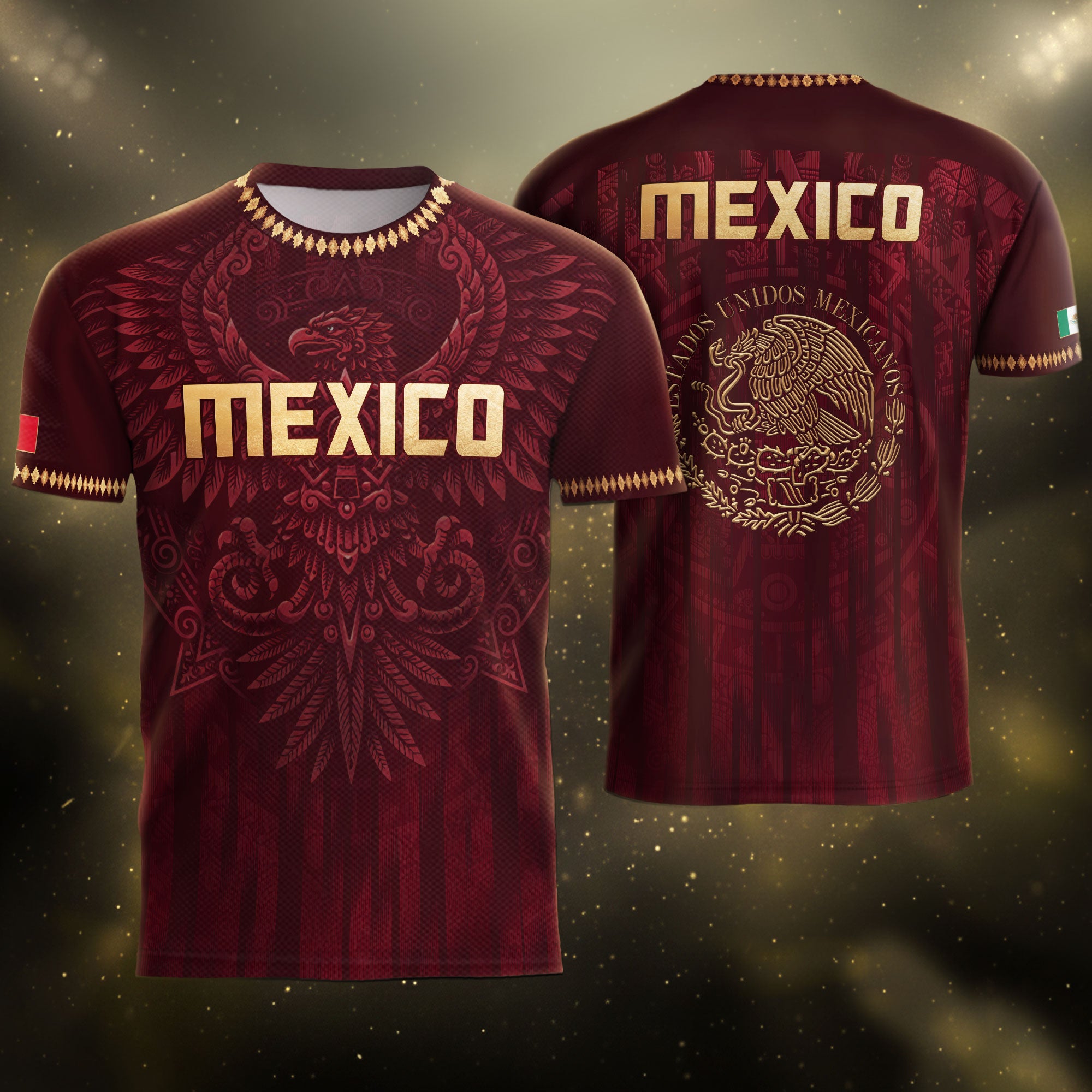 Camiseta de fútbol premium con emblema de águila azteca verde y dorado de México