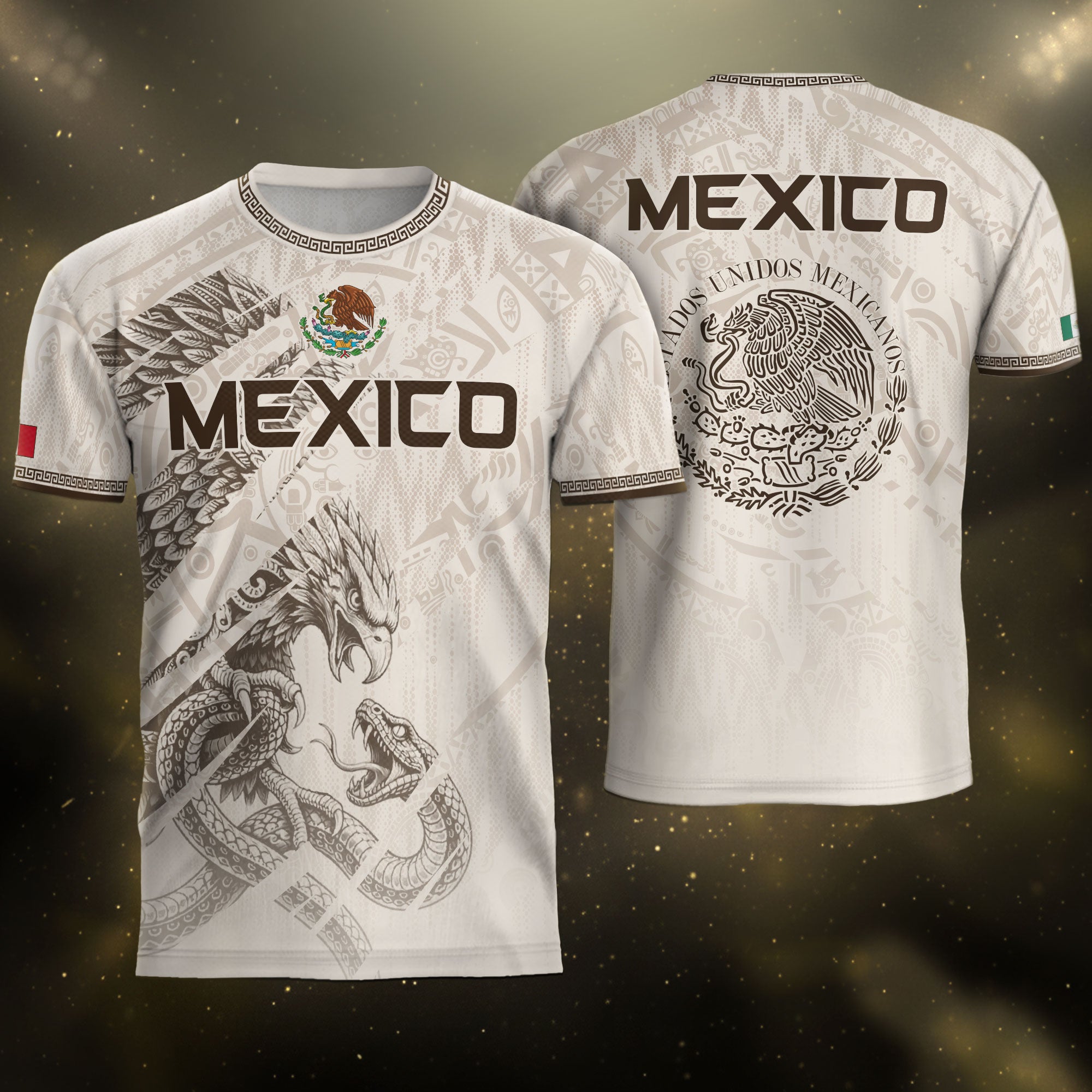 Camiseta de fútbol premium con emblema de águila azteca verde y dorado de México