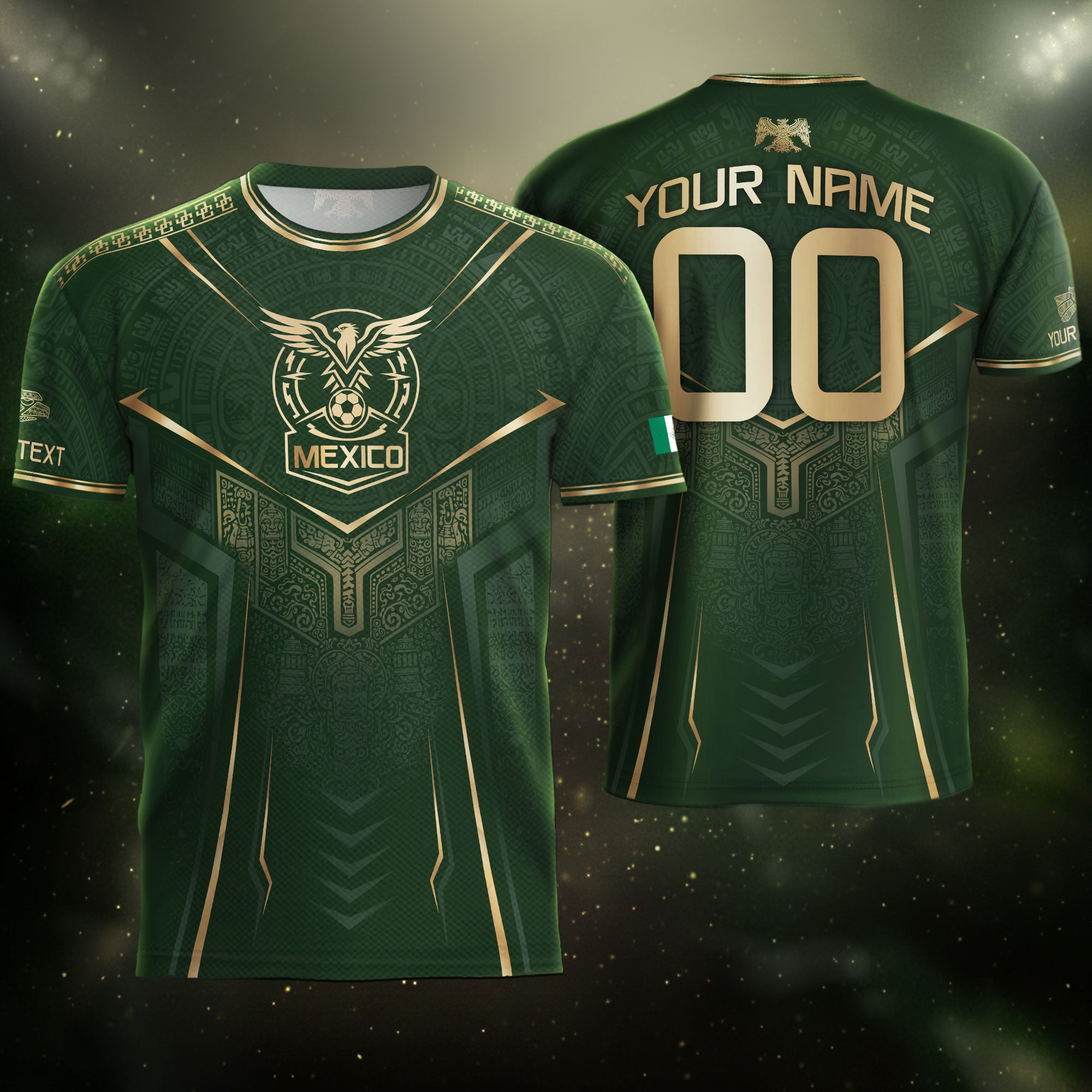 Camiseta de fútbol premium con emblema de águila azteca verde y dorado de México