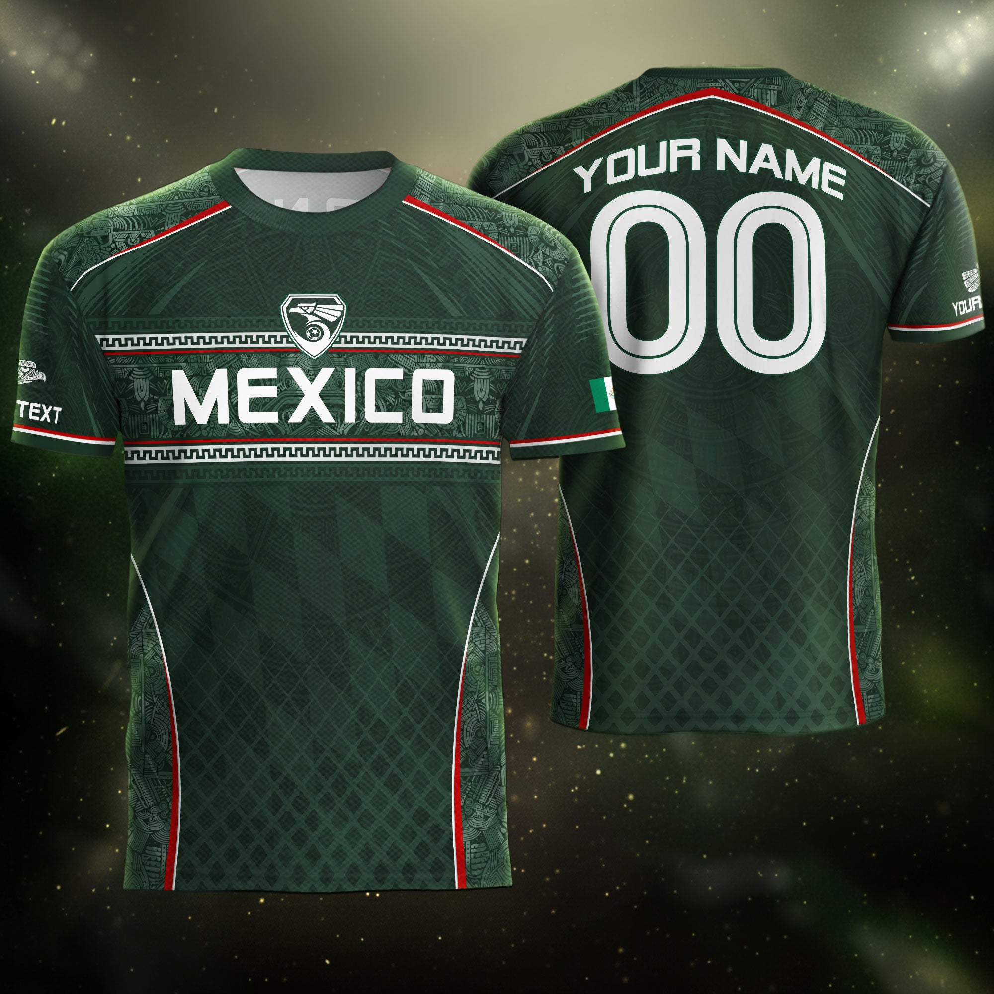 Camiseta de fútbol premium con emblema de águila azteca verde y dorado de México