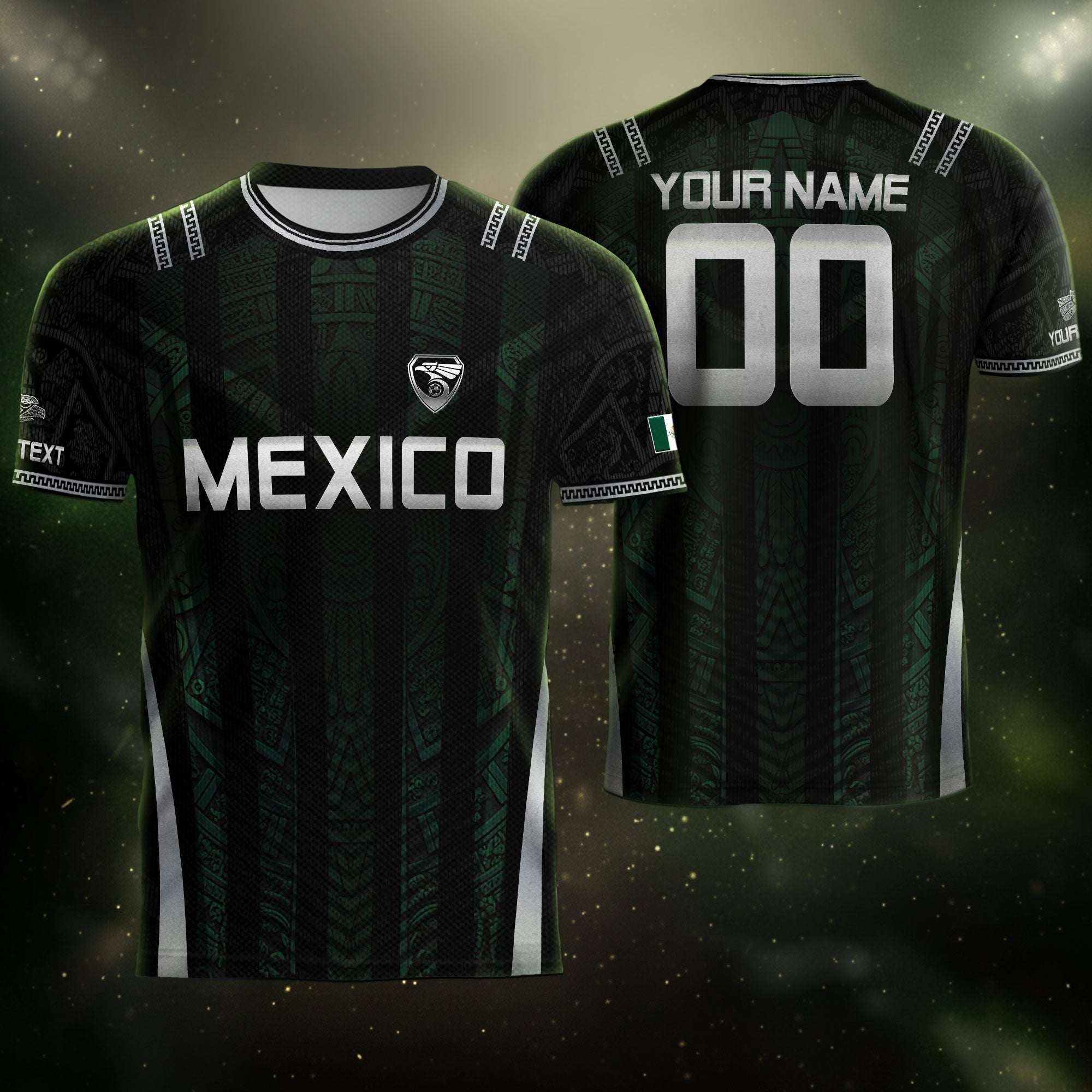 Camiseta de fútbol premium con emblema de águila azteca verde y dorado de México