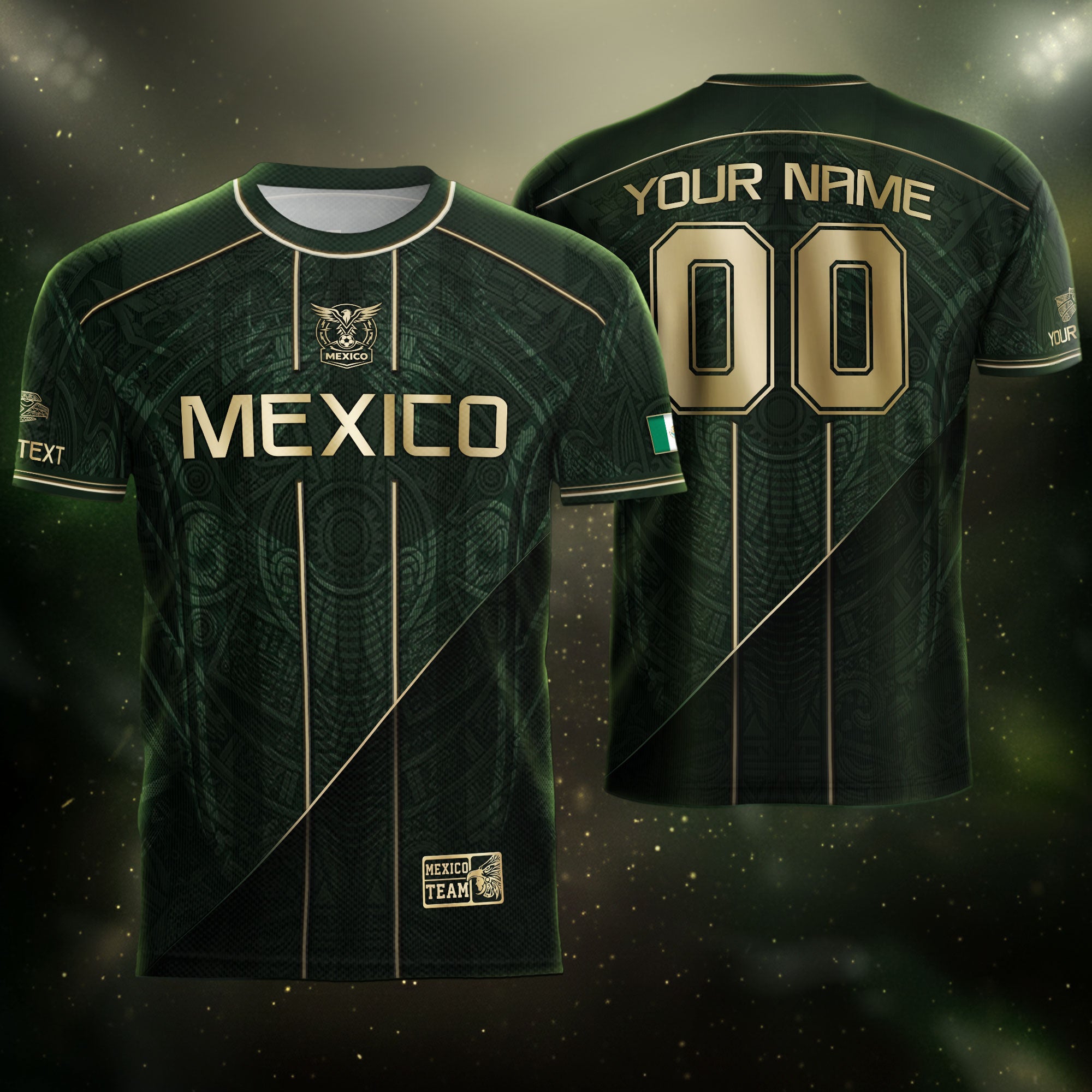 Camiseta de fútbol premium con emblema de águila azteca verde y dorado de México