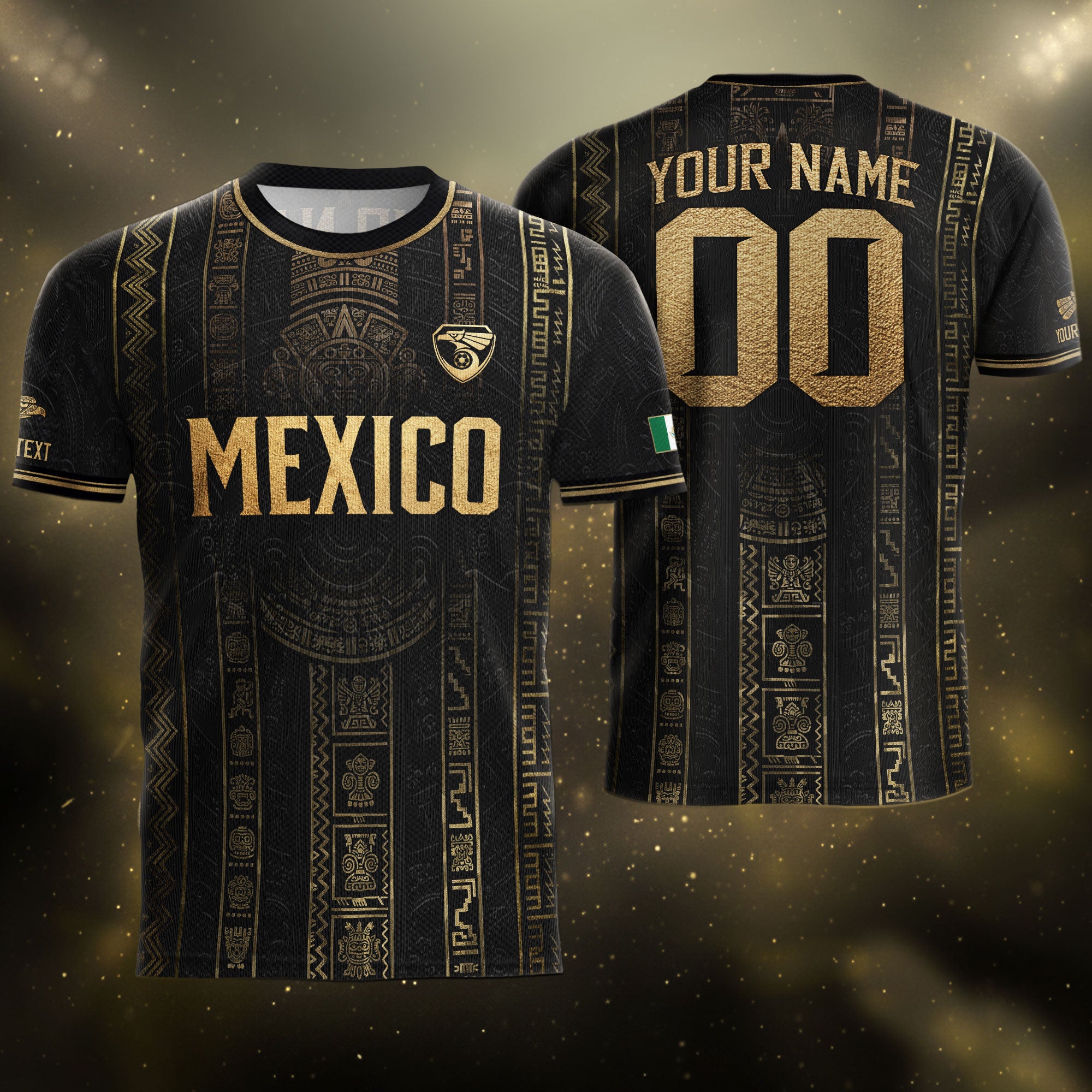 Camiseta de fútbol premium con emblema de águila azteca verde y dorado de México