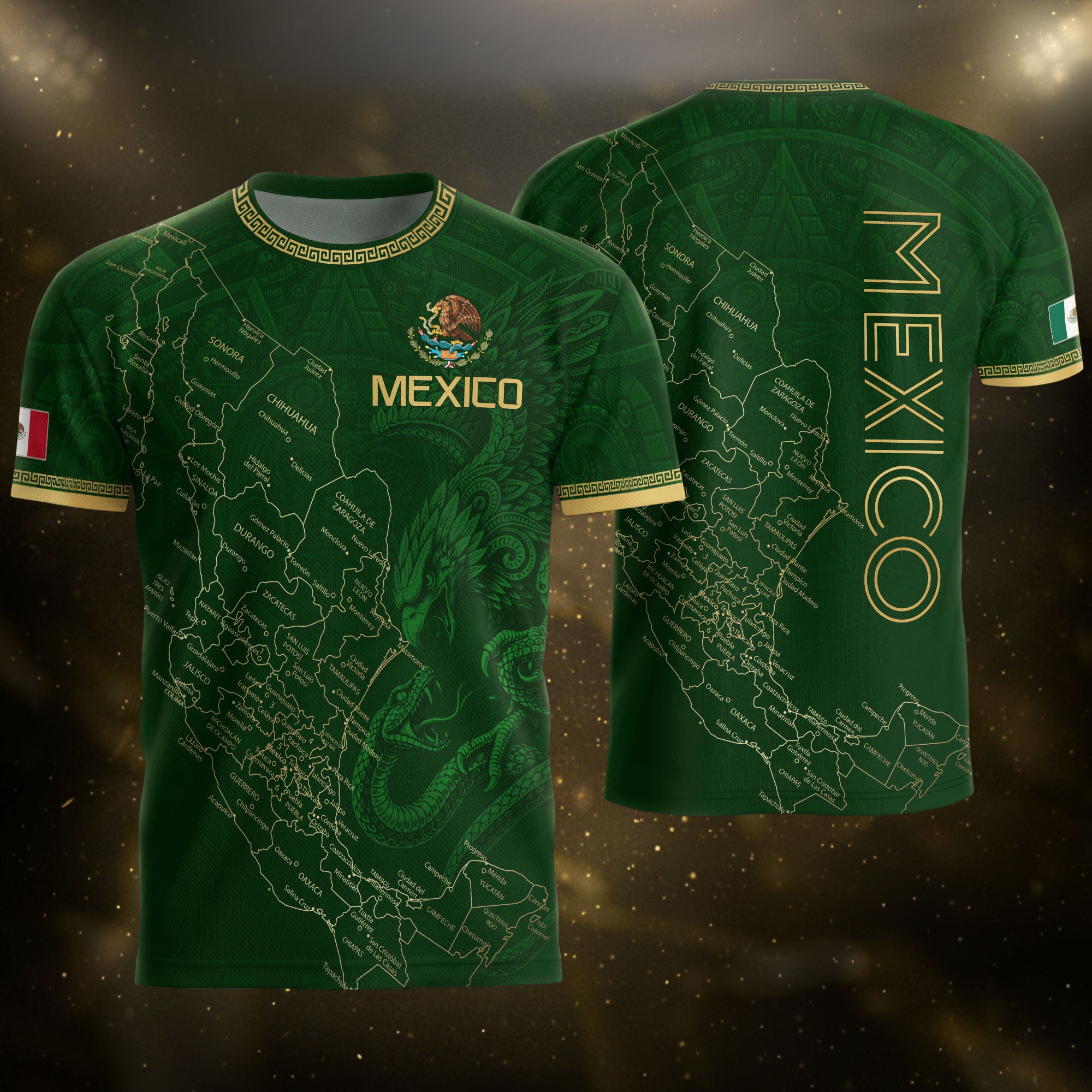 Camiseta de fútbol premium con emblema de águila azteca verde y dorado de México