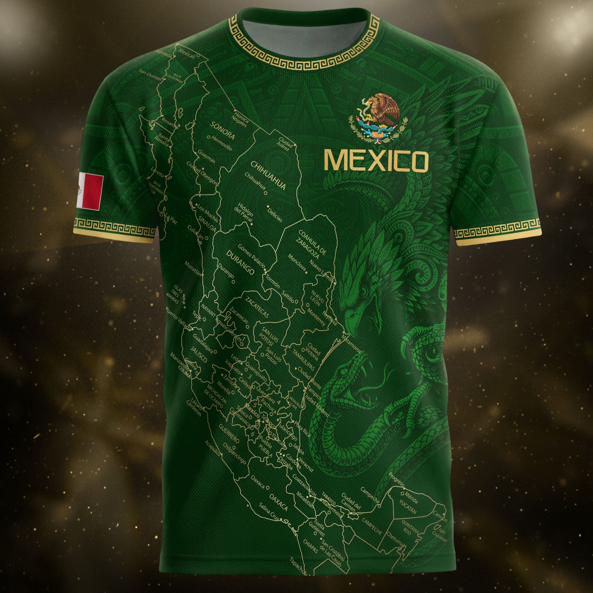 Camiseta de fútbol premium con emblema de águila azteca verde y dorado de México