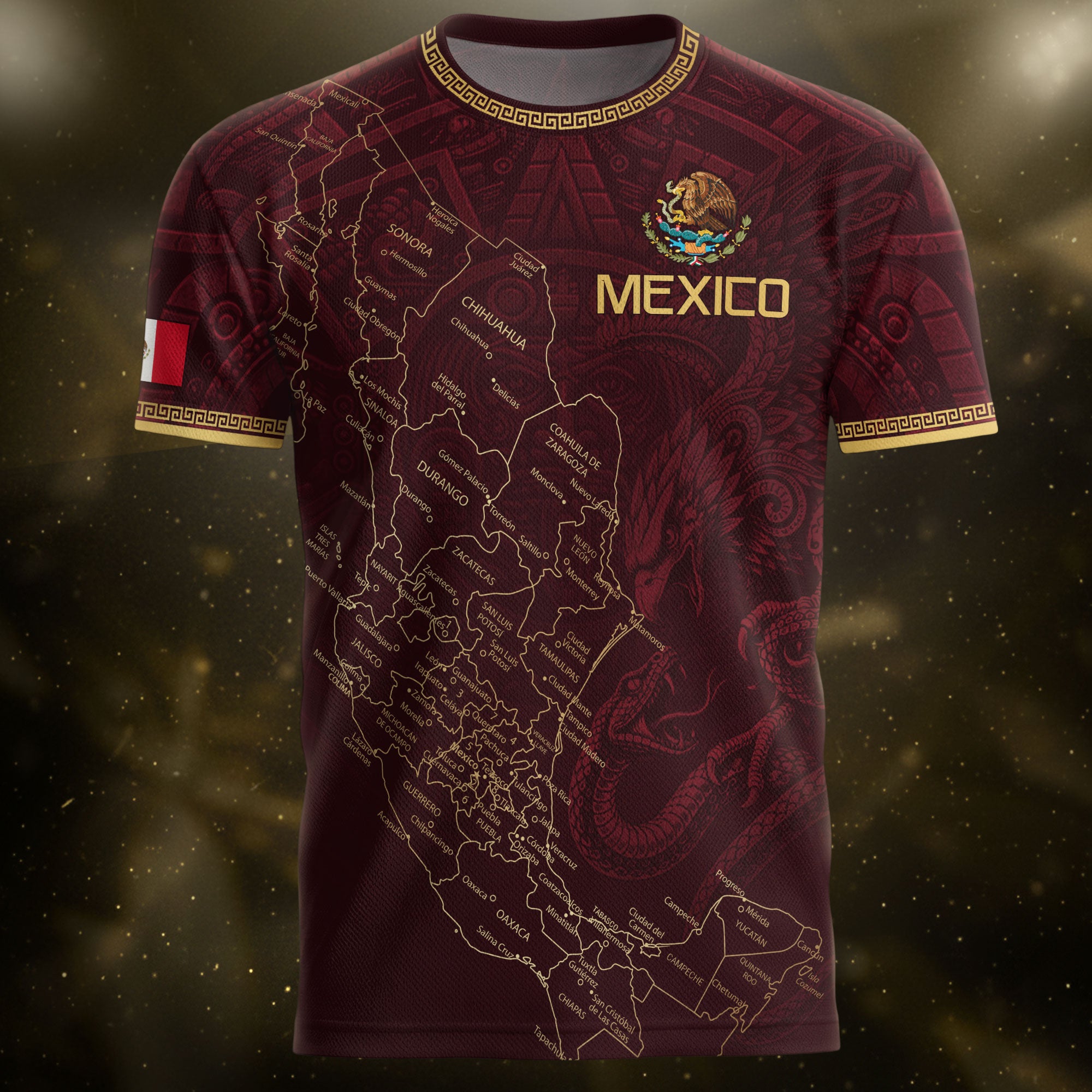 Camiseta de fútbol premium con emblema de águila azteca verde y dorado de México