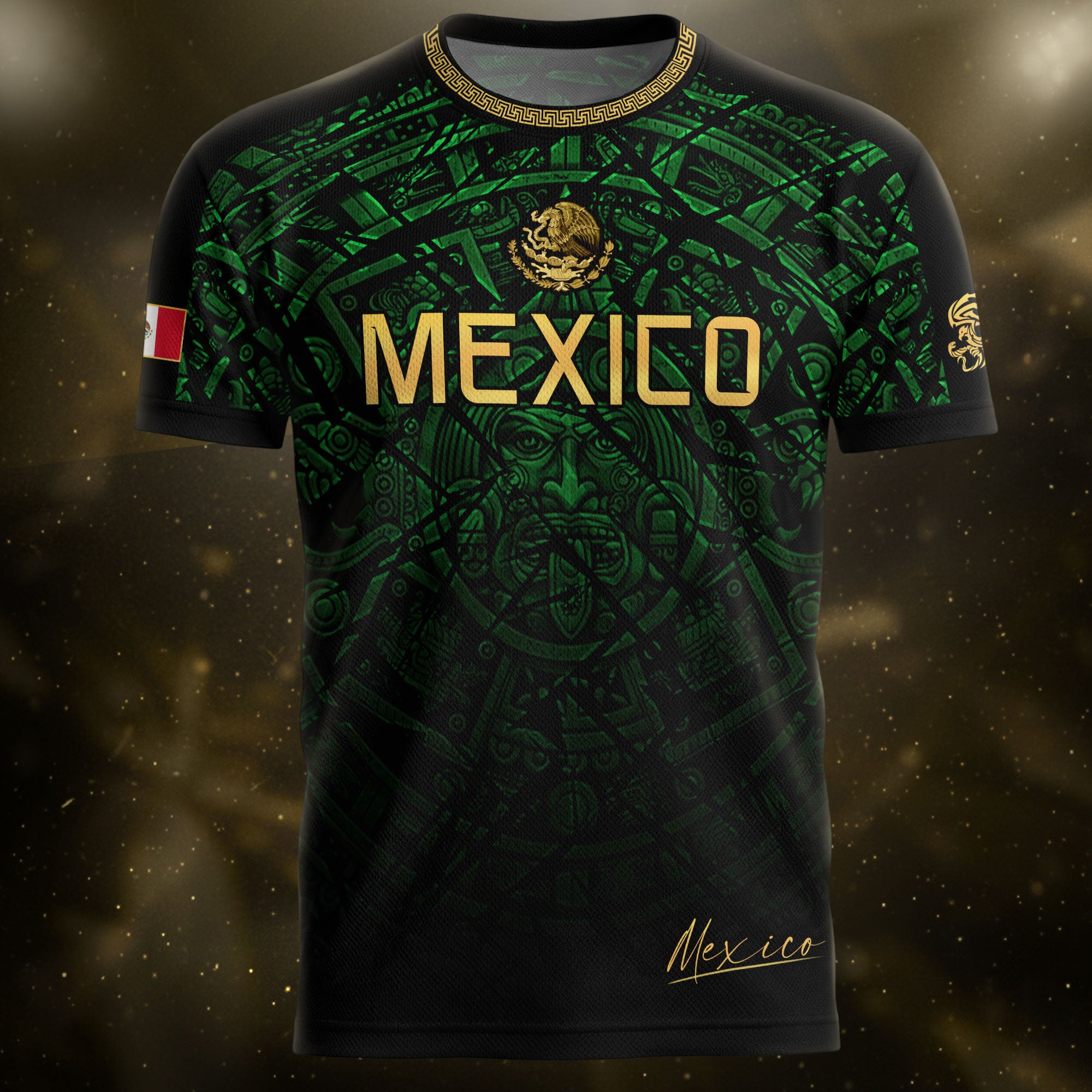 Mexico Soccer Jersey Green Black Aztec Sun Stone - Mexico Fan Heritage Style Shirt