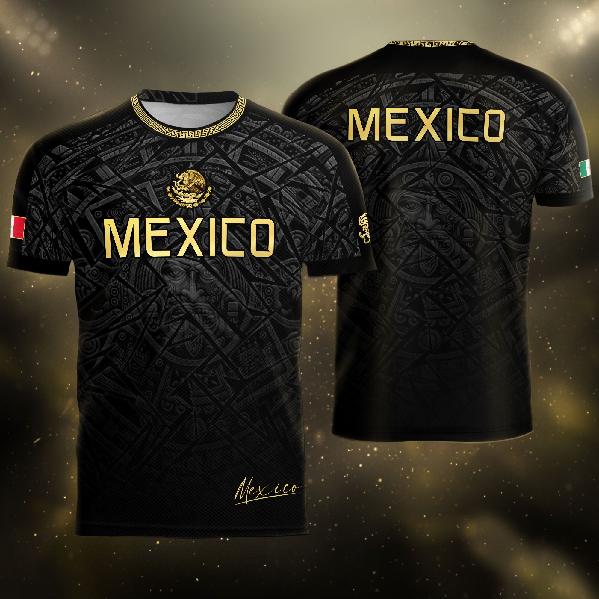 Mexico Soccer Jersey Black Gold Aztec Pattern – Football Shirt for Men Fans