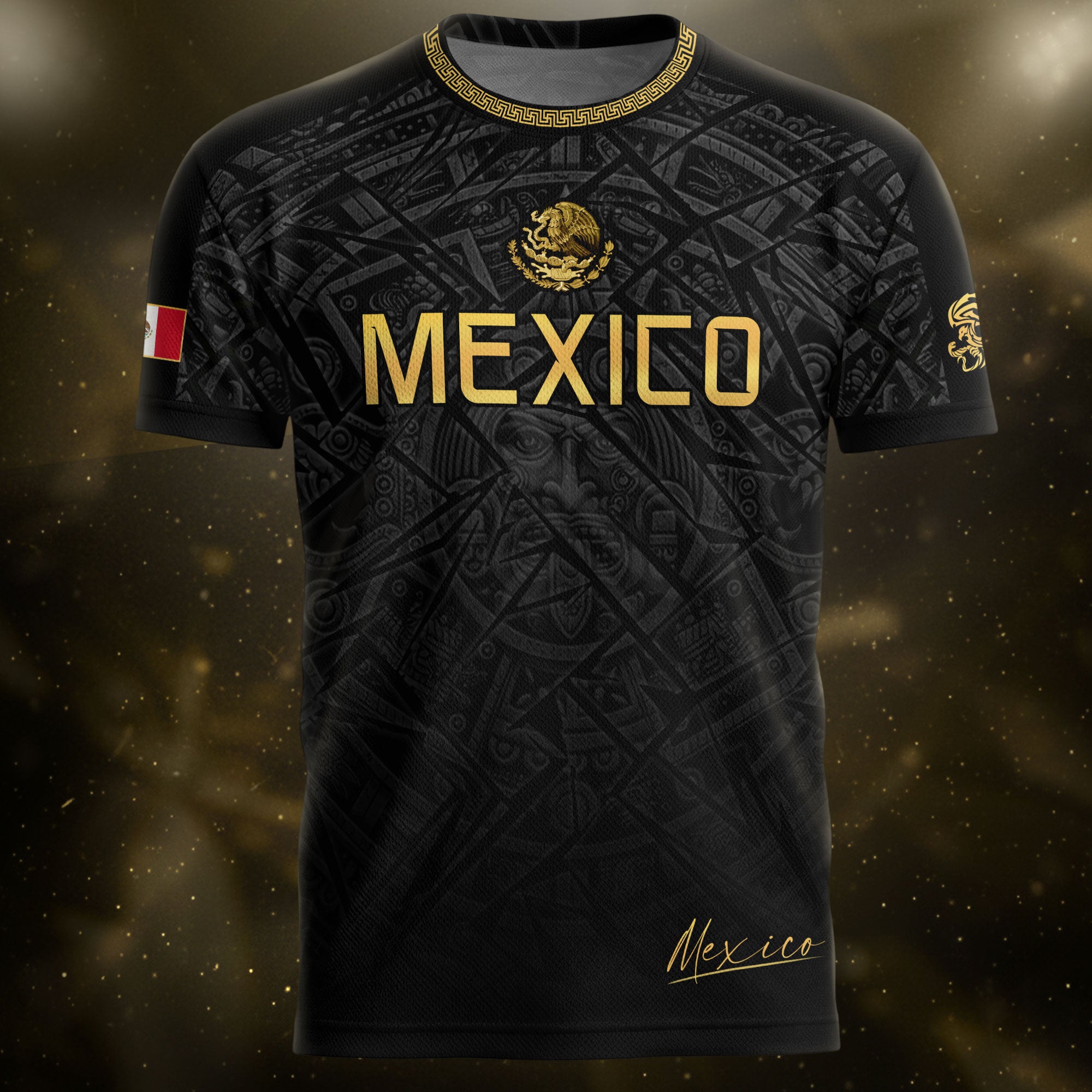 Mexico Soccer Jersey Black Gold Aztec Pattern – Football Shirt for Men Fans