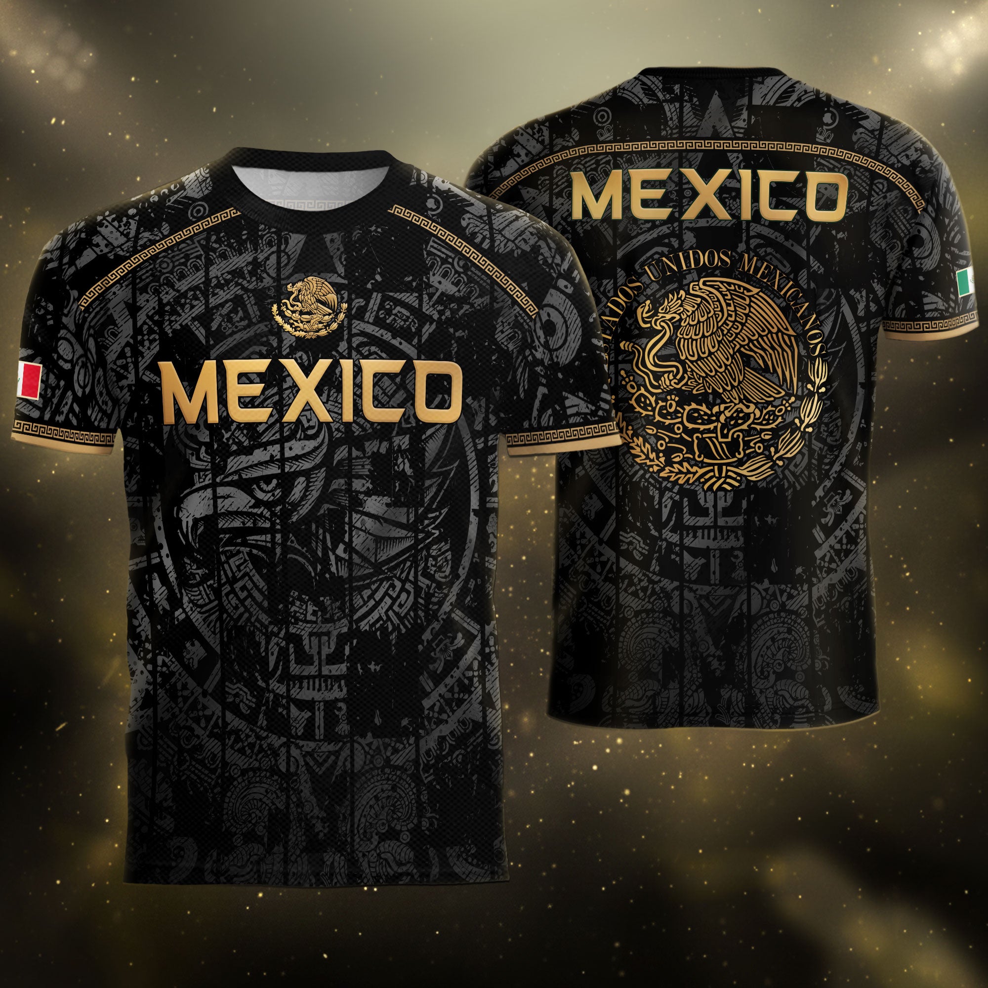 Mexico Soccer Jersey Black Eagle Crest - Aztec Sun Stone Heritage Fan Football Shirt