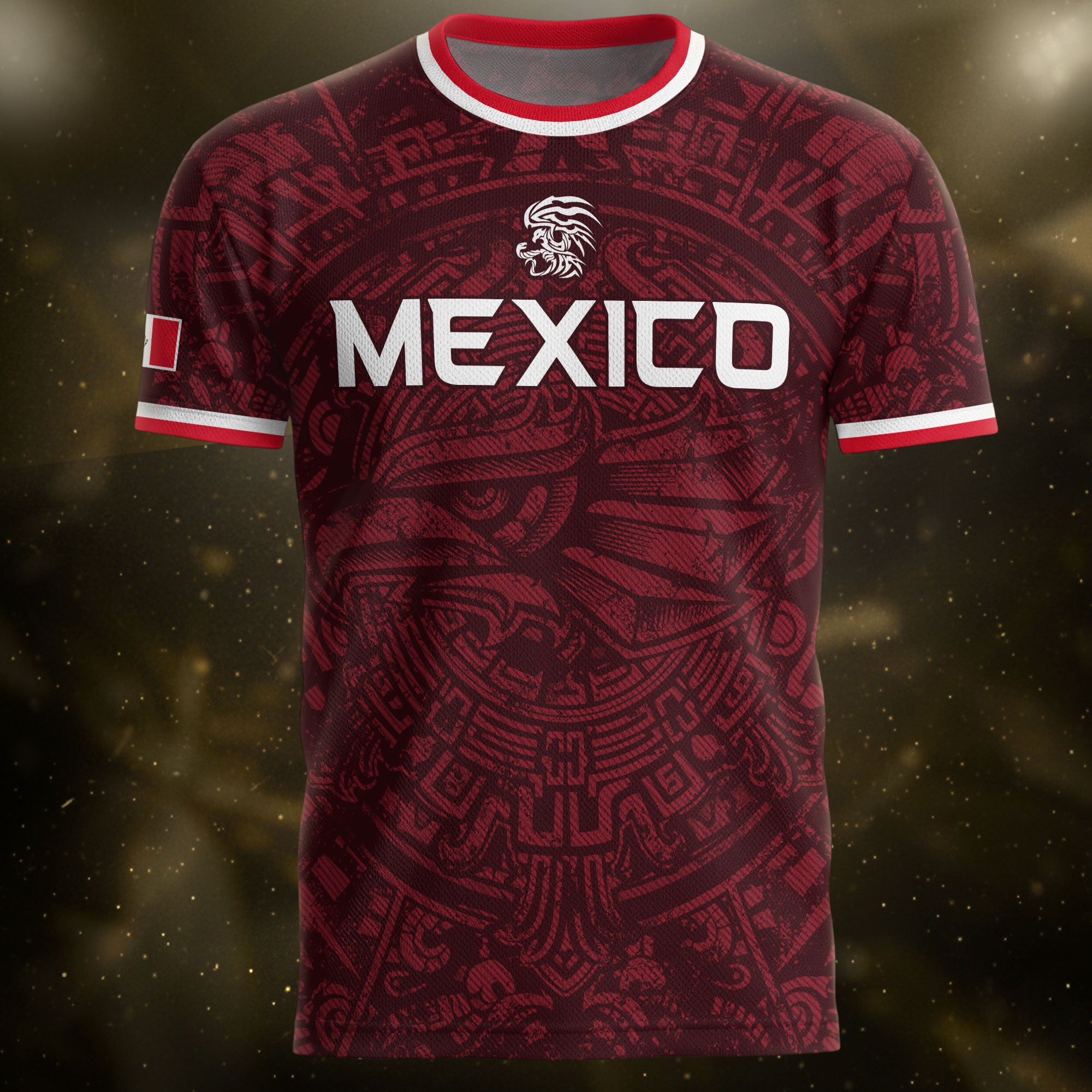 Camiseta de fútbol premium con emblema de águila azteca verde y dorado de México