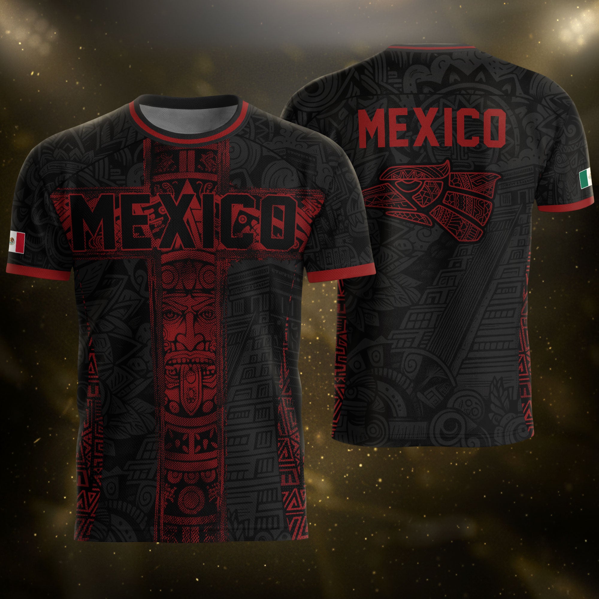 Mexico Soccer Jersey Men Black Red Aztec Cross Warrior Mexican Football Shirt