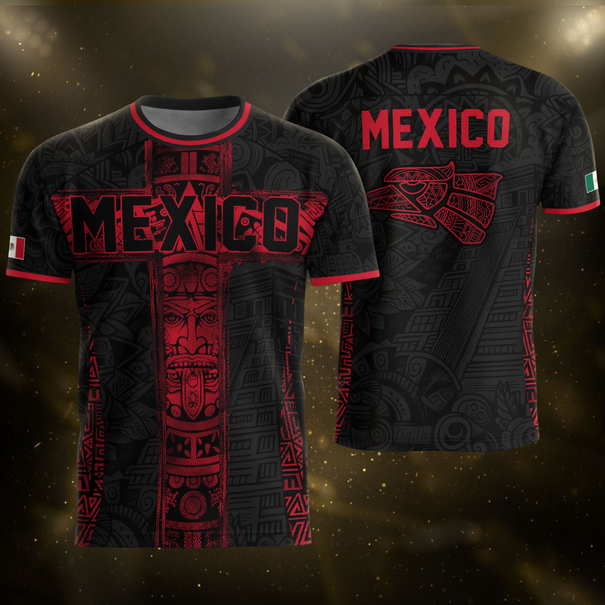 Camiseta de fútbol premium con emblema de águila azteca verde y dorado de México