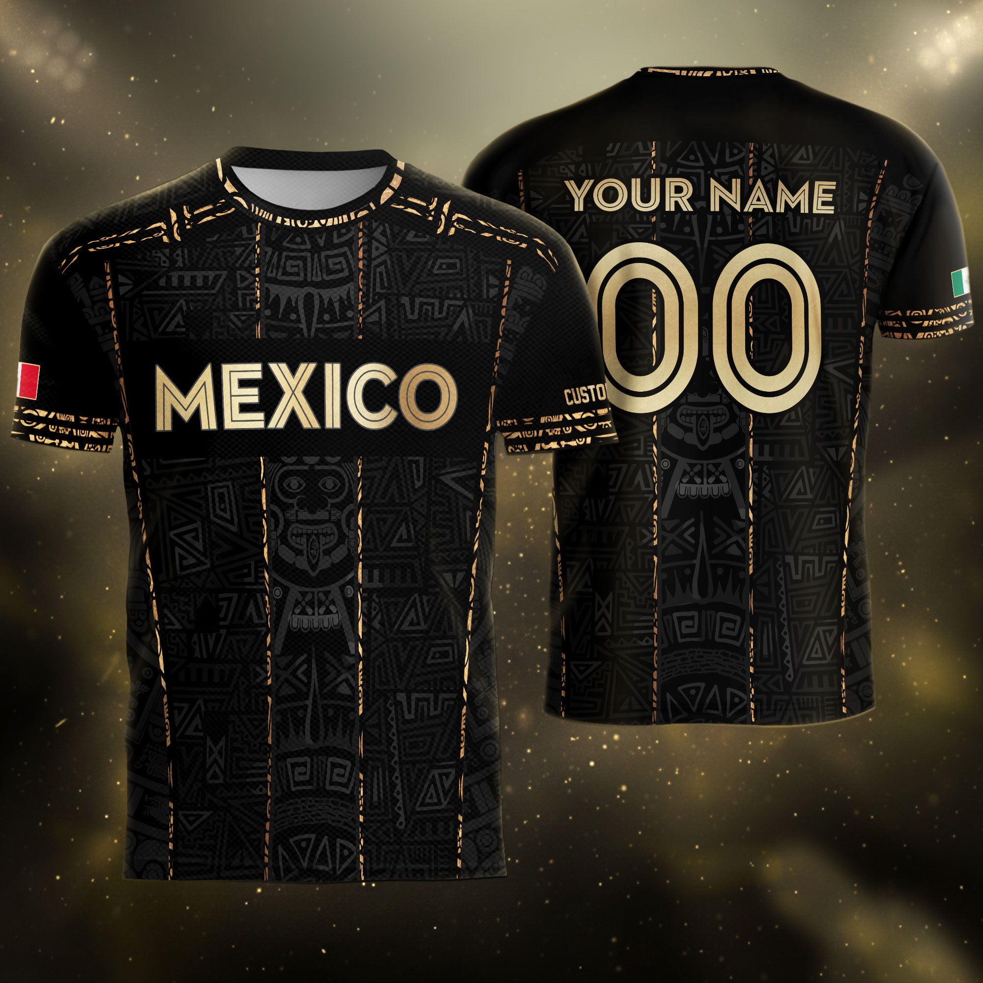 Camiseta de fútbol premium con emblema de águila azteca verde y dorado de México
