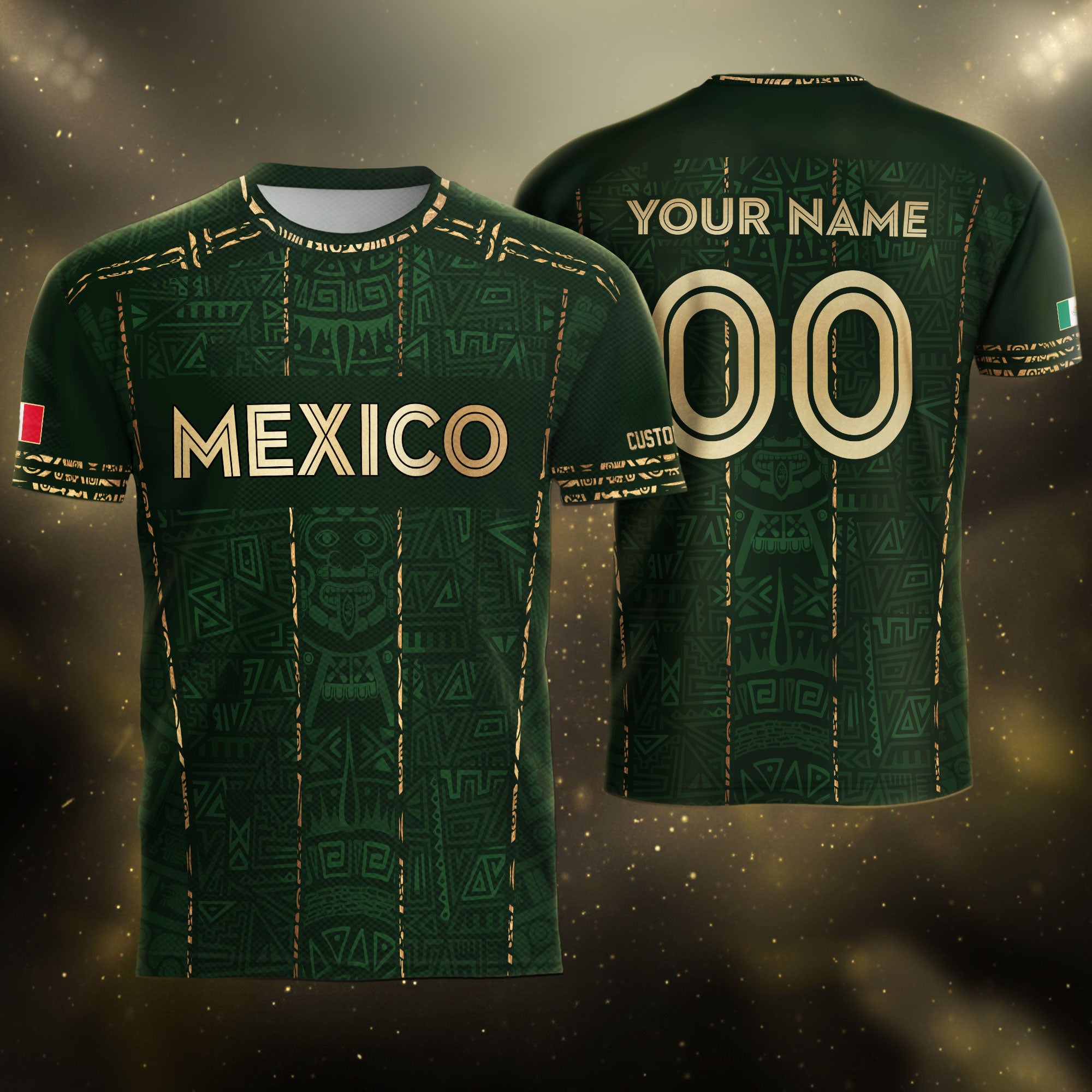 Mexico Soccer Jersey Custom Name - Green Aztec Heritage Pattern