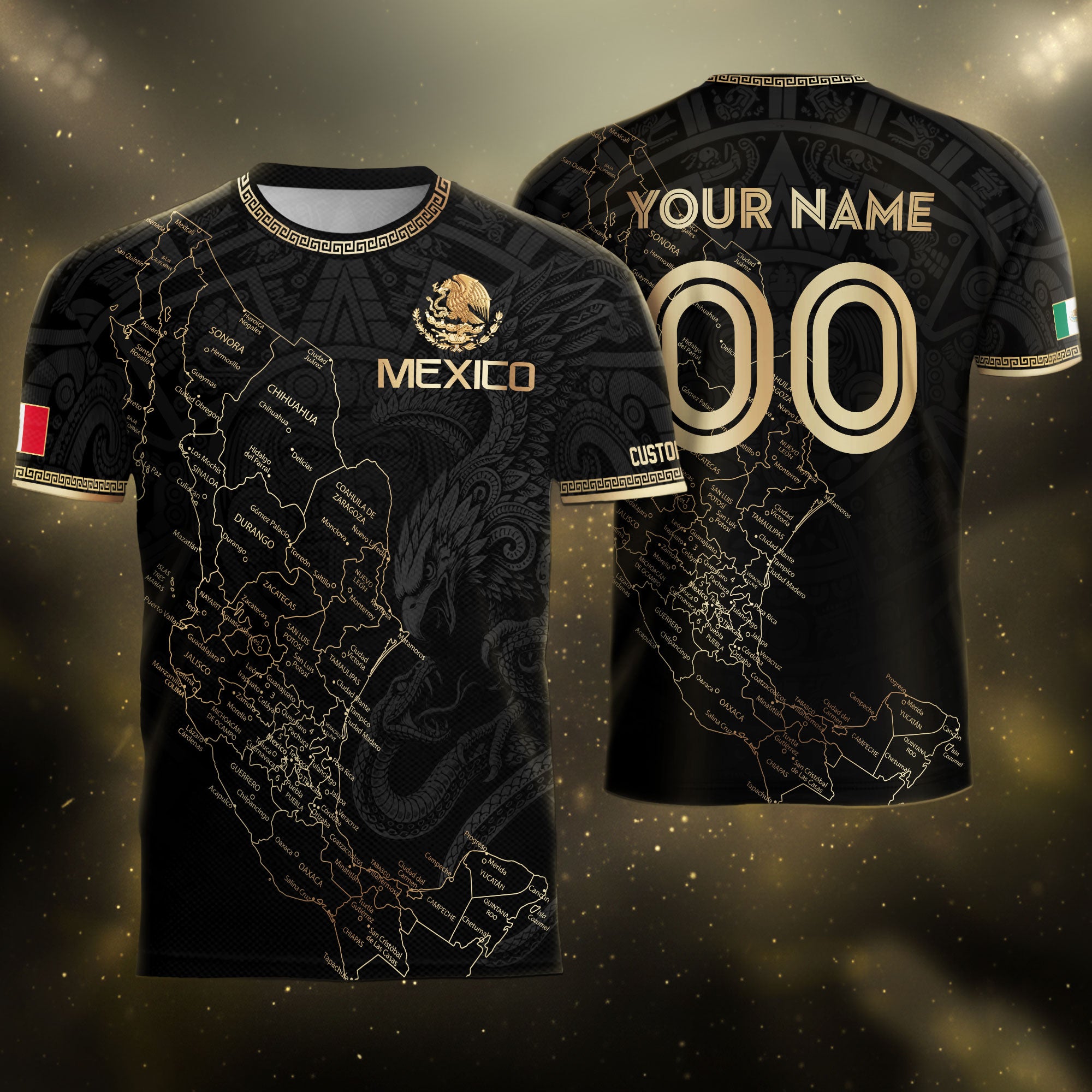 Mexico Soccer Jersey Custom Name - Black & Gold Mexico Map Heritage Football Shirt