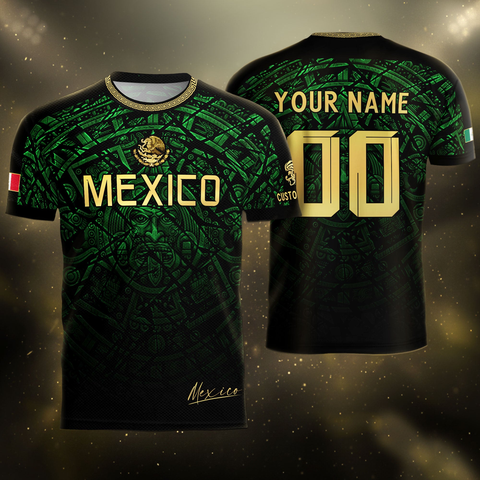 Custom Mexico Soccer Jersey – Green Aztec Calendar Pattern Black Football Shirt