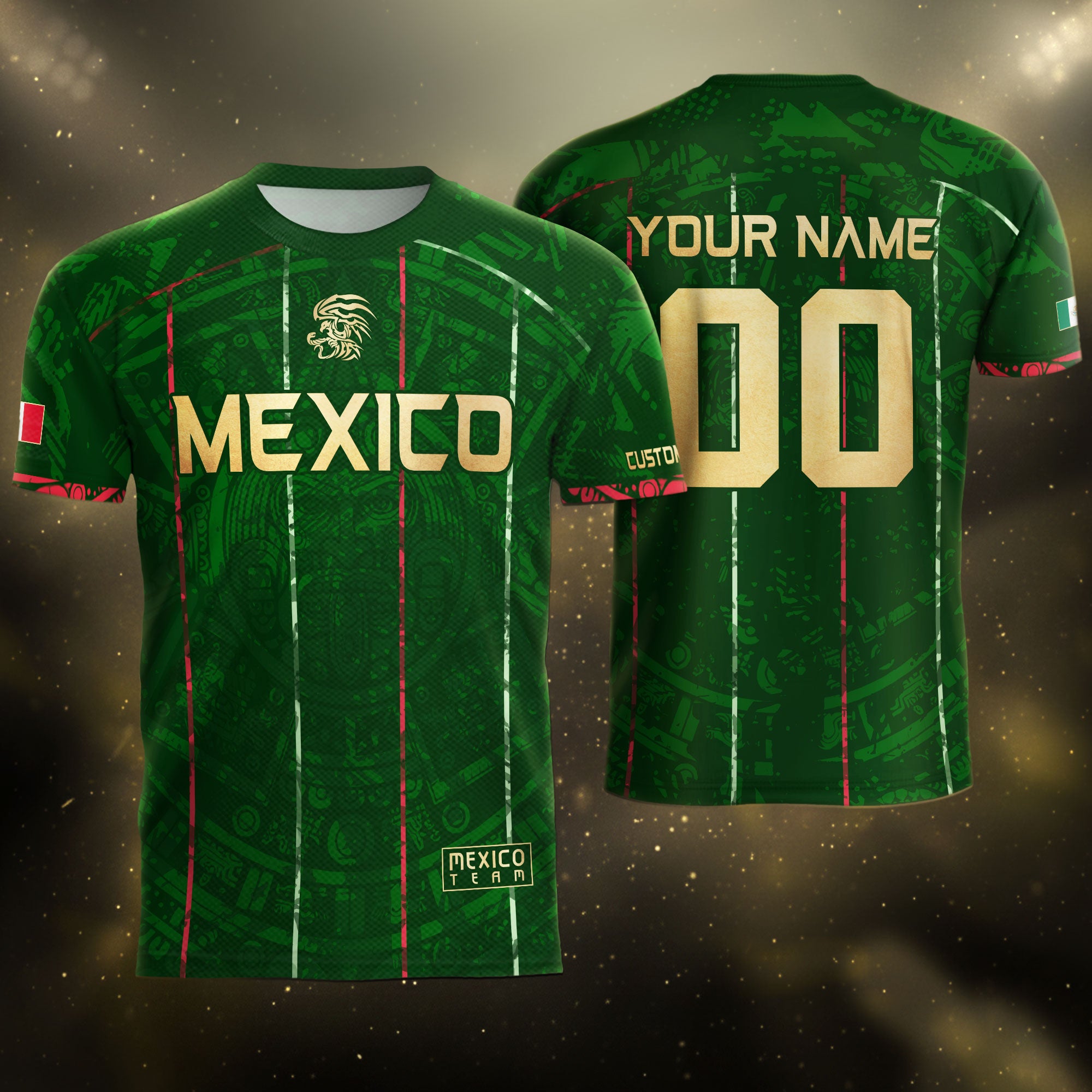 Custom Mexico Soccer Jersey – Green Aztec Pattern Striped Football Shirt with Custom Name Number