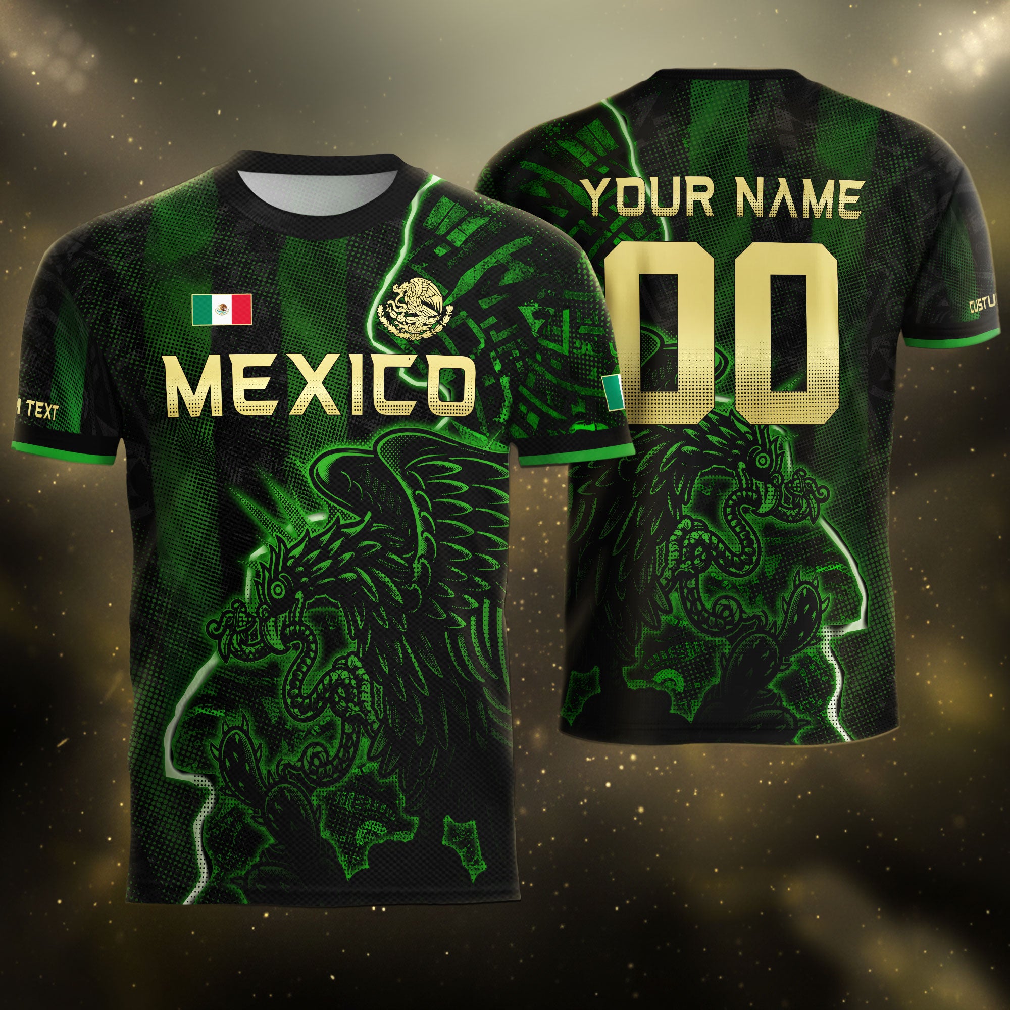 Custom Mexico Soccer Jersey – Black Green Aztec Serpent Lightning