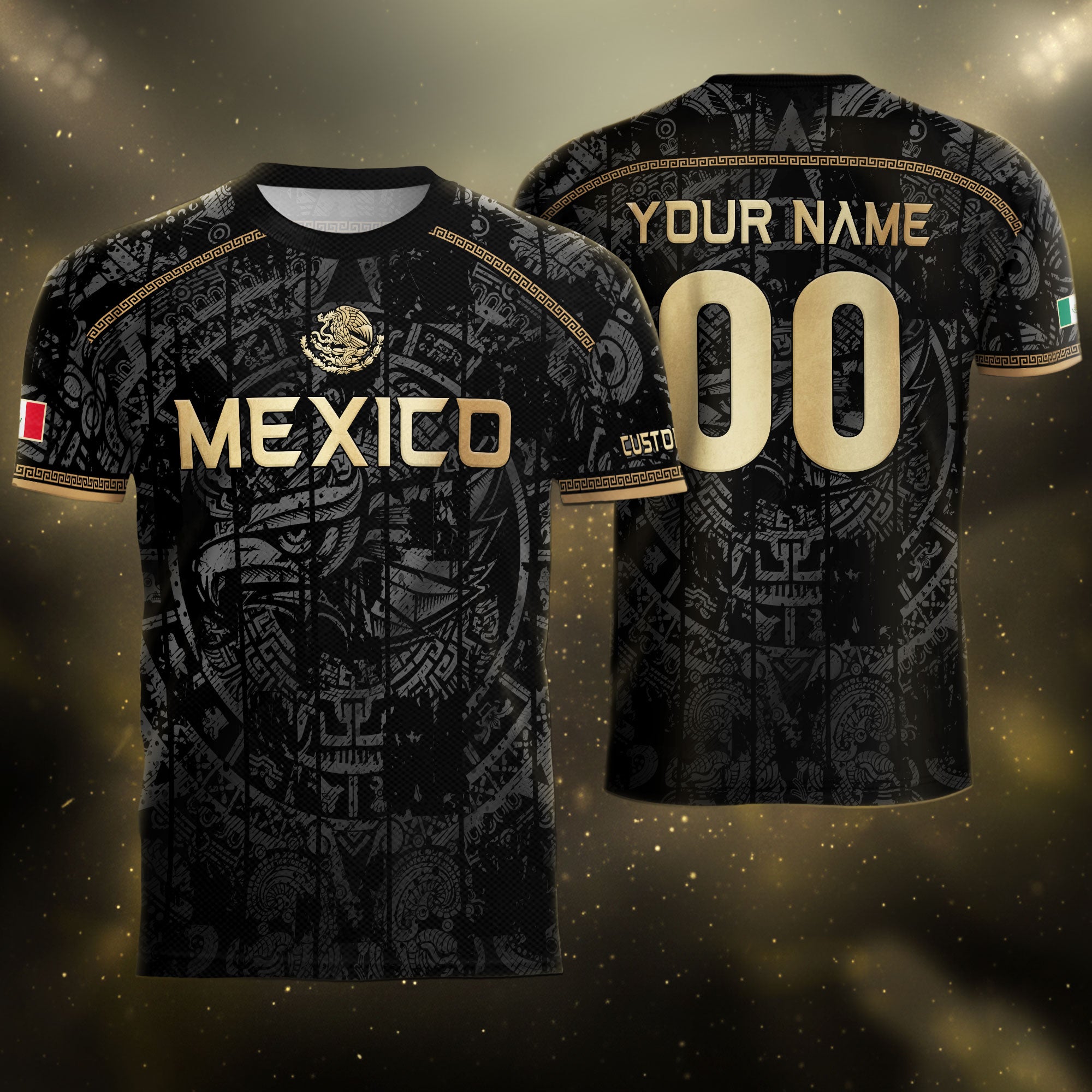 Mexico Soccer Jersey Custom Name - Black Gold Aztec Calendar Heritage Football Shirt