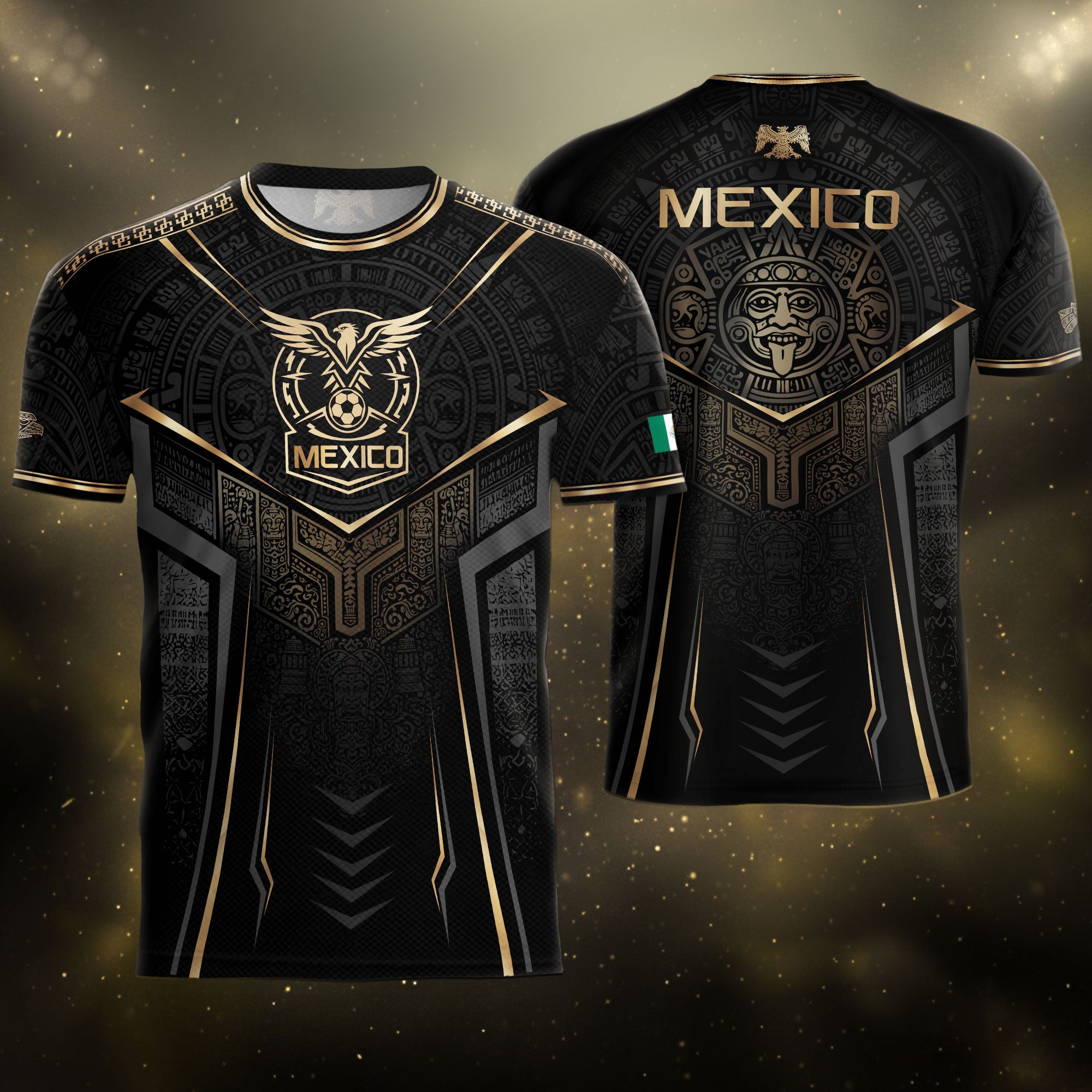 Camiseta de fútbol premium con emblema de águila azteca verde y dorado de México