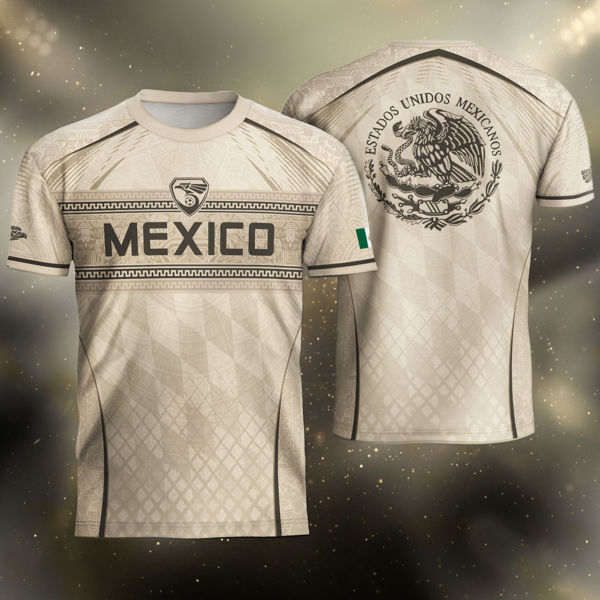 Camiseta de fútbol premium con emblema de águila azteca verde y dorado de México