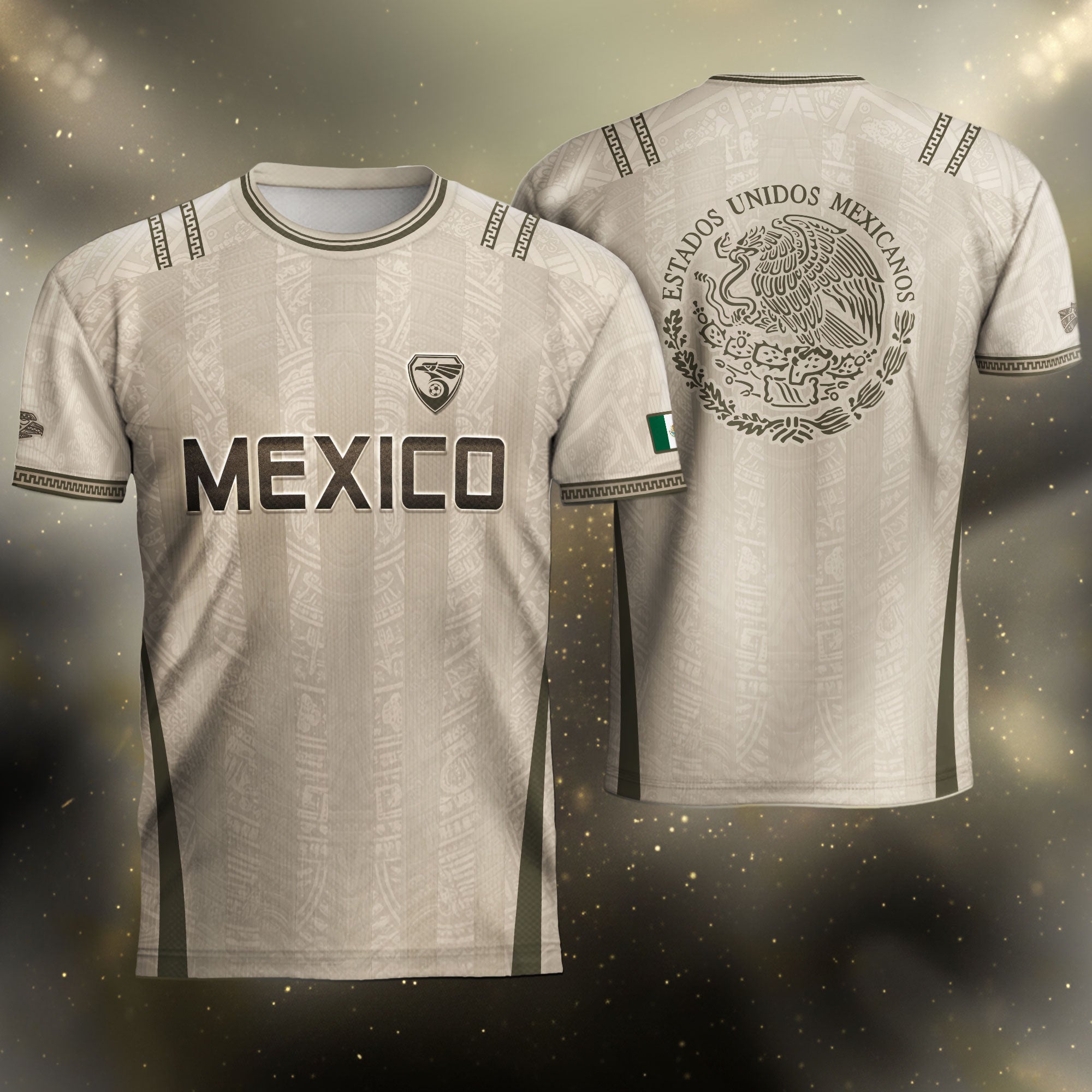 Camiseta de fútbol premium con emblema de águila azteca verde y dorado de México