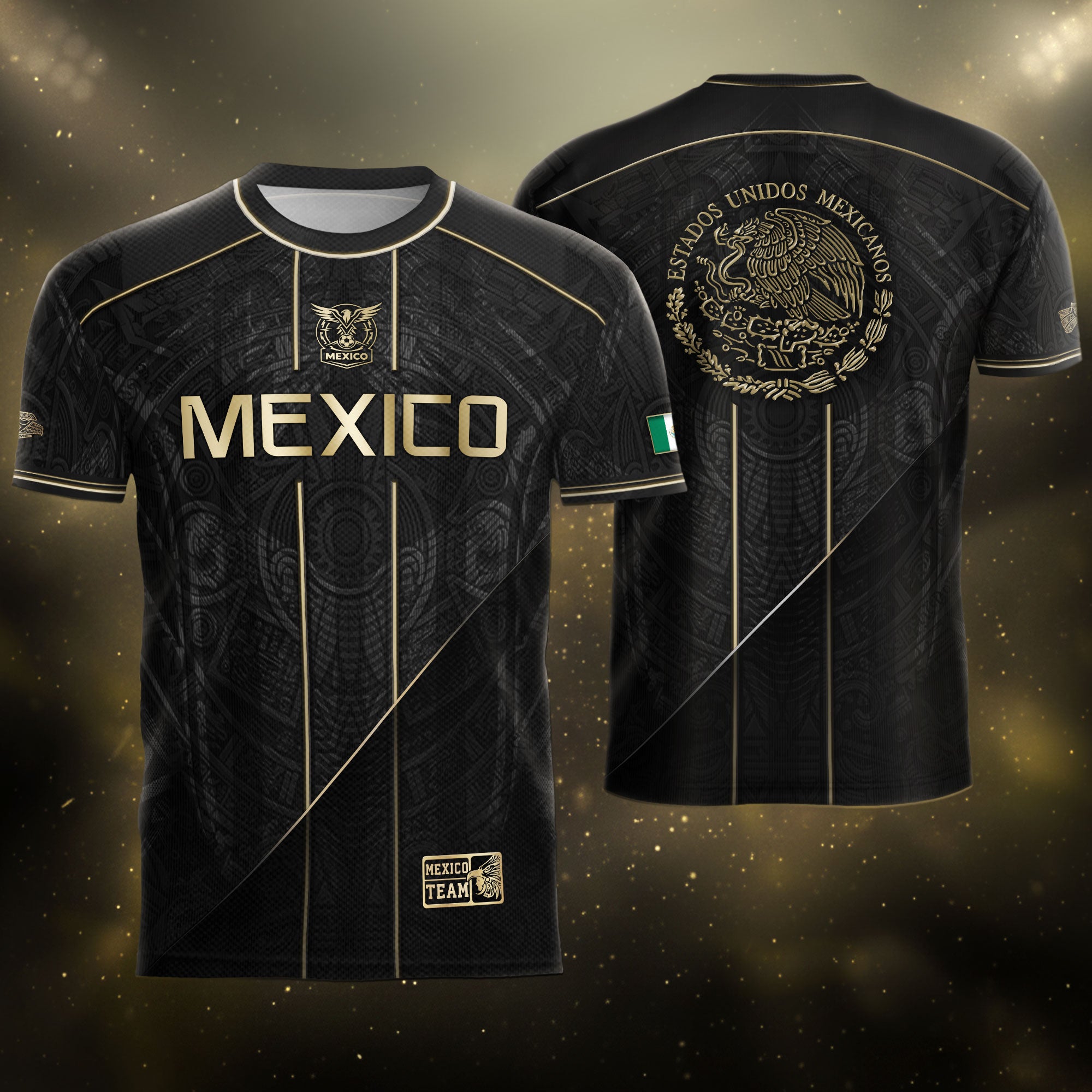Camiseta de fútbol premium con emblema de águila azteca verde y dorado de México