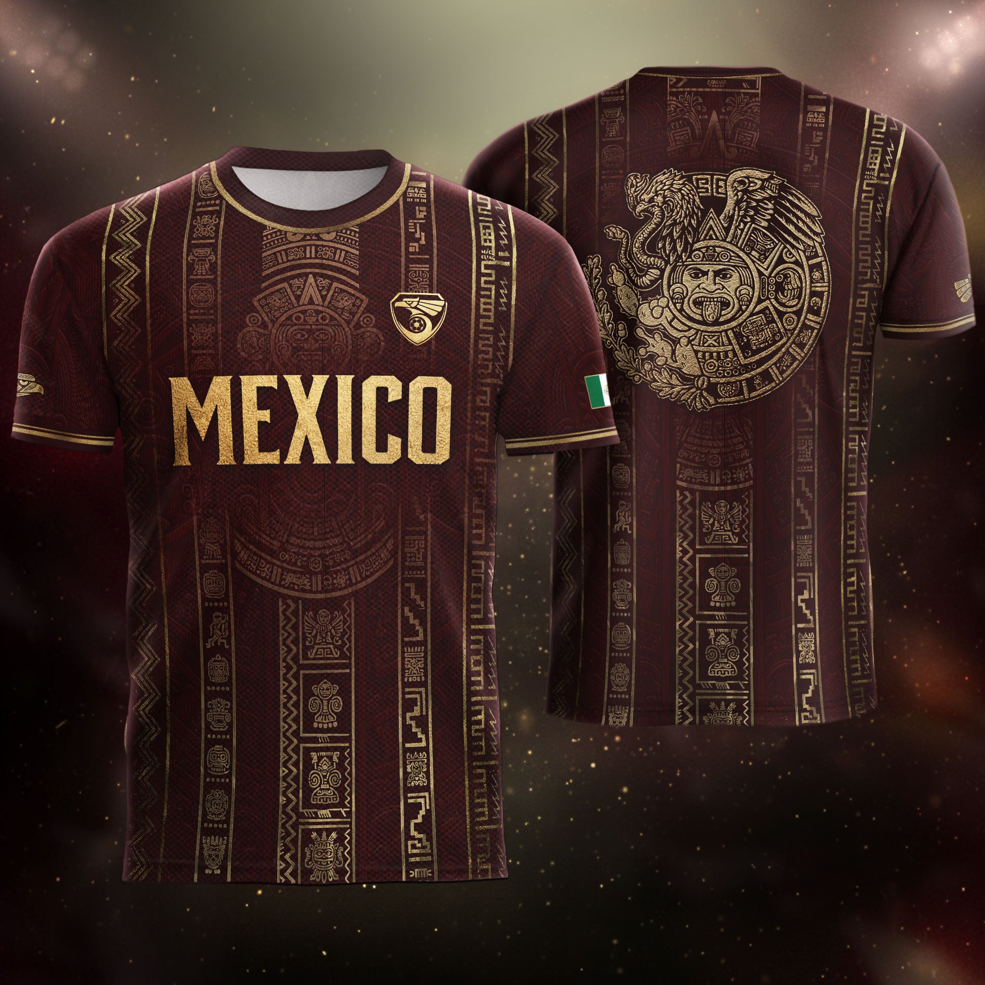 Camiseta de fútbol premium con emblema de águila azteca verde y dorado de México