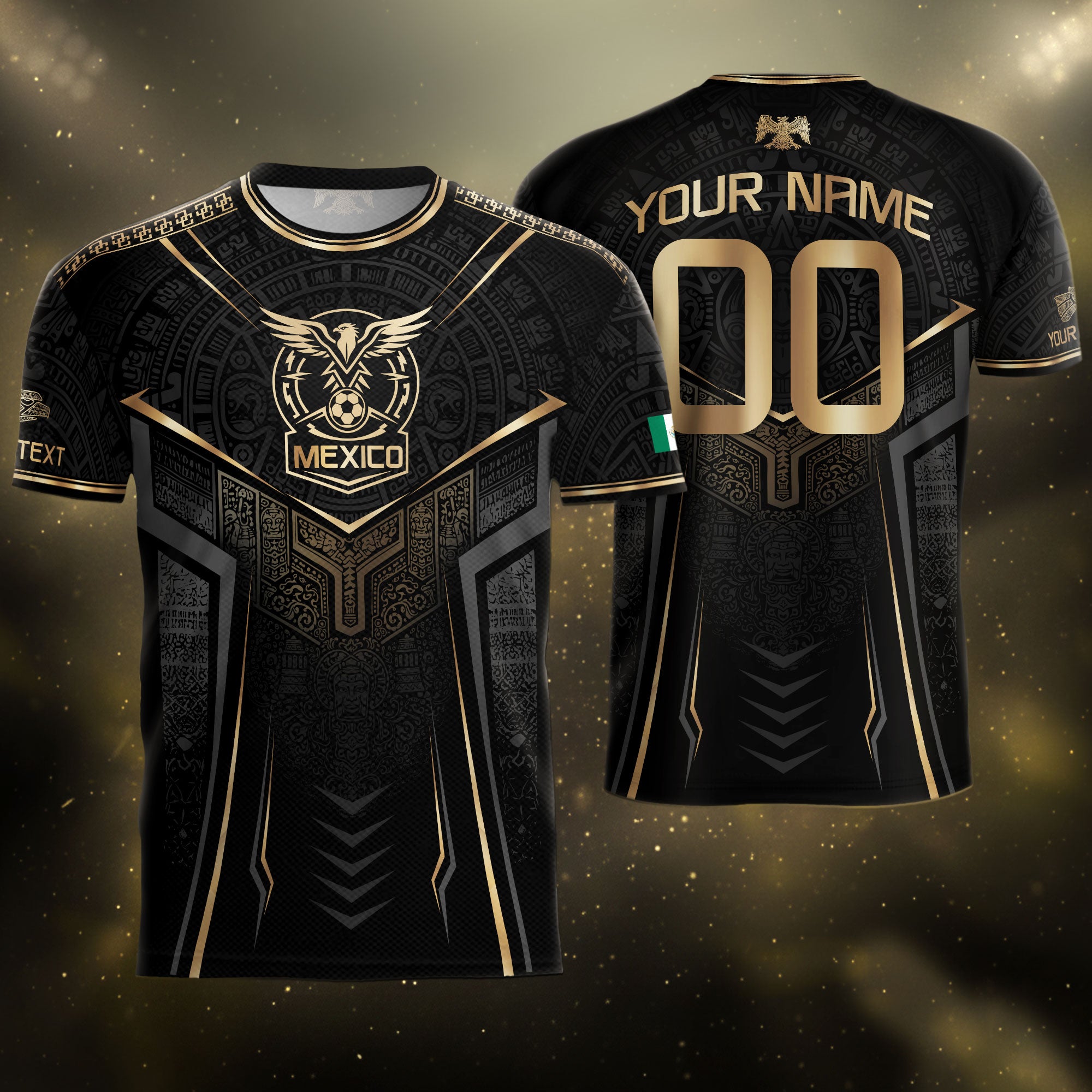 Camiseta de fútbol premium con emblema de águila azteca verde y dorado de México