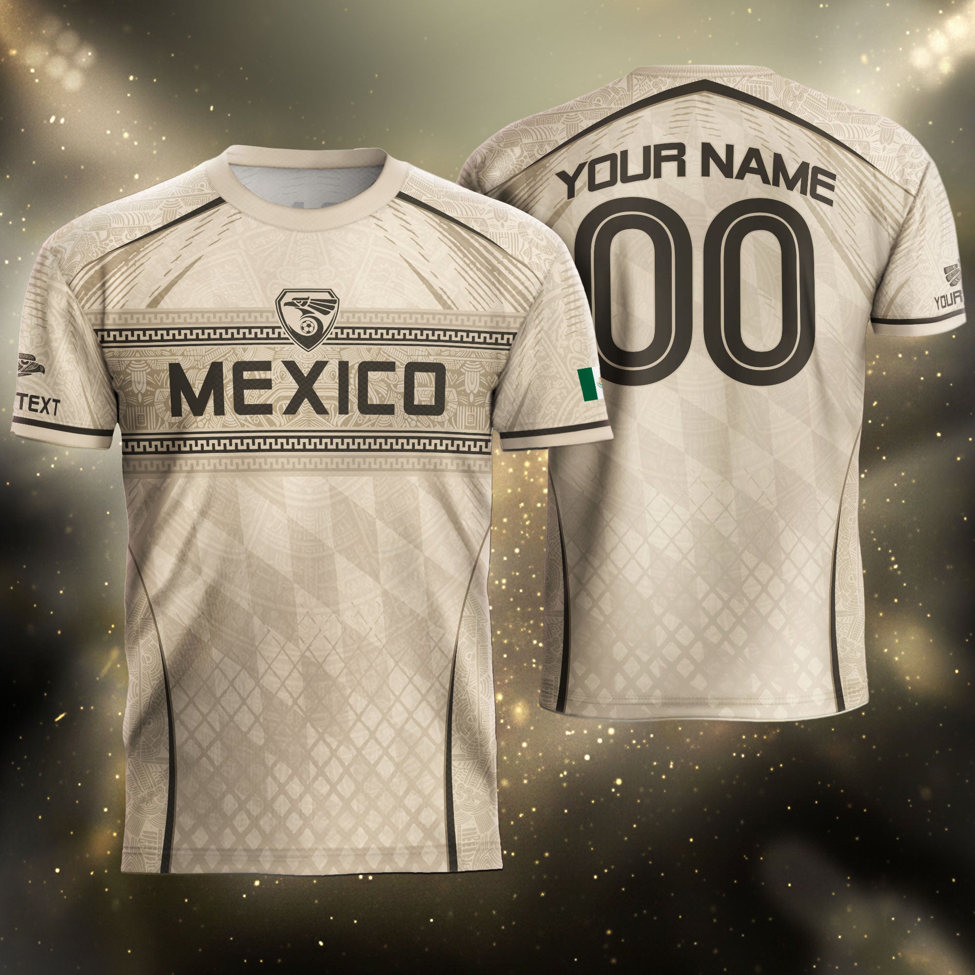 Camiseta de fútbol premium con emblema de águila azteca verde y dorado de México