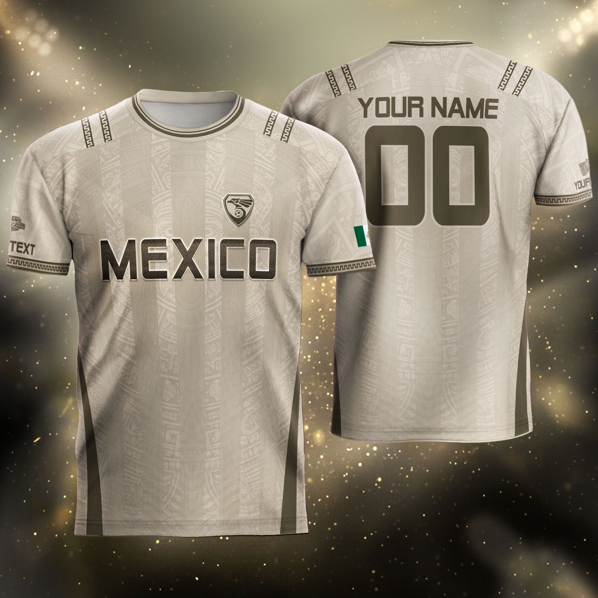 Camiseta de fútbol premium con emblema de águila azteca verde y dorado de México