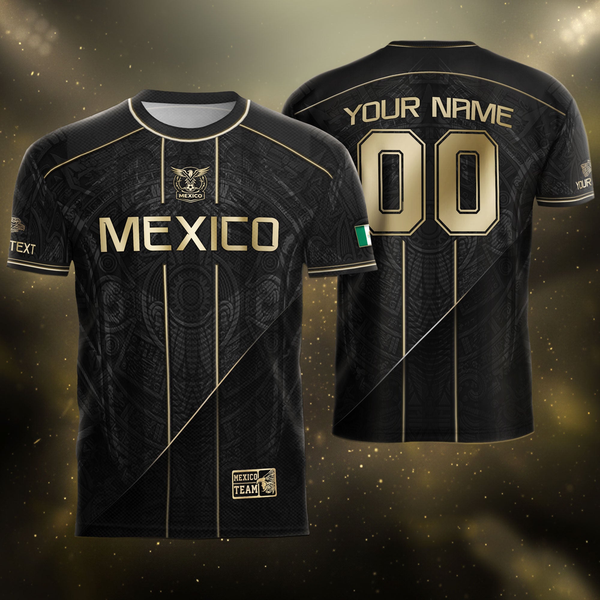 Camiseta de fútbol premium con emblema de águila azteca verde y dorado de México