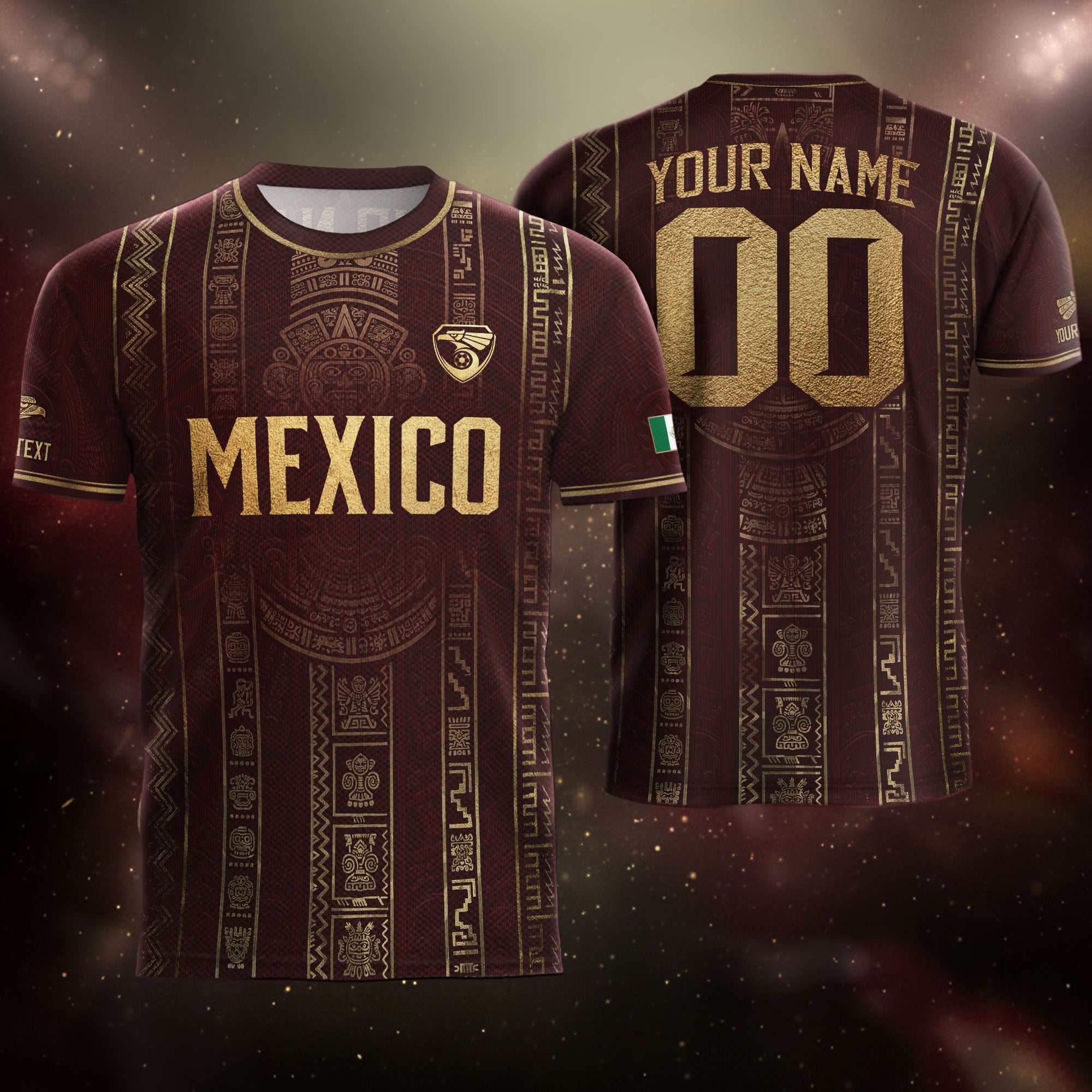 Camiseta de fútbol premium con emblema de águila azteca verde y dorado de México