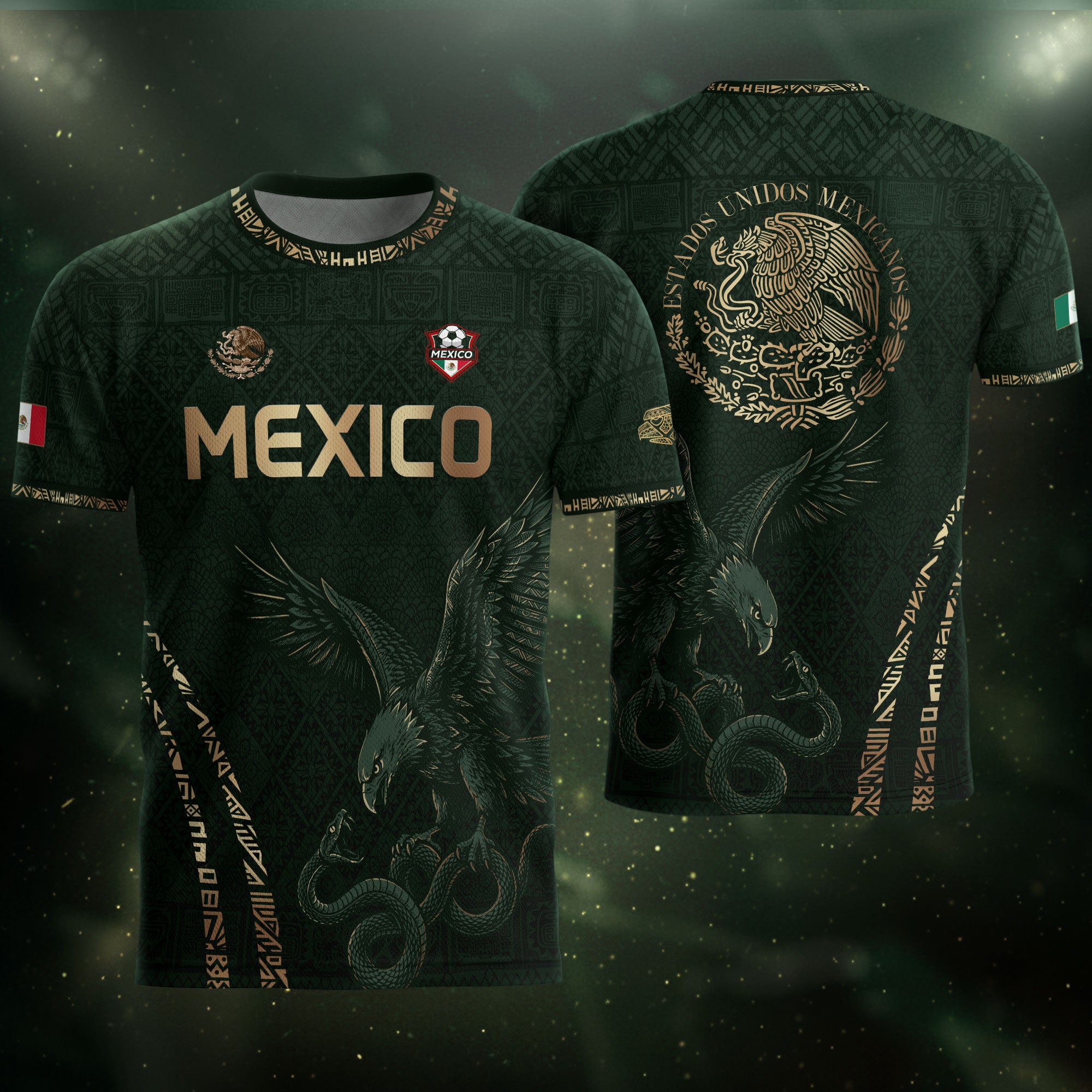 Camiseta de fútbol premium con emblema de águila azteca verde y dorado de México