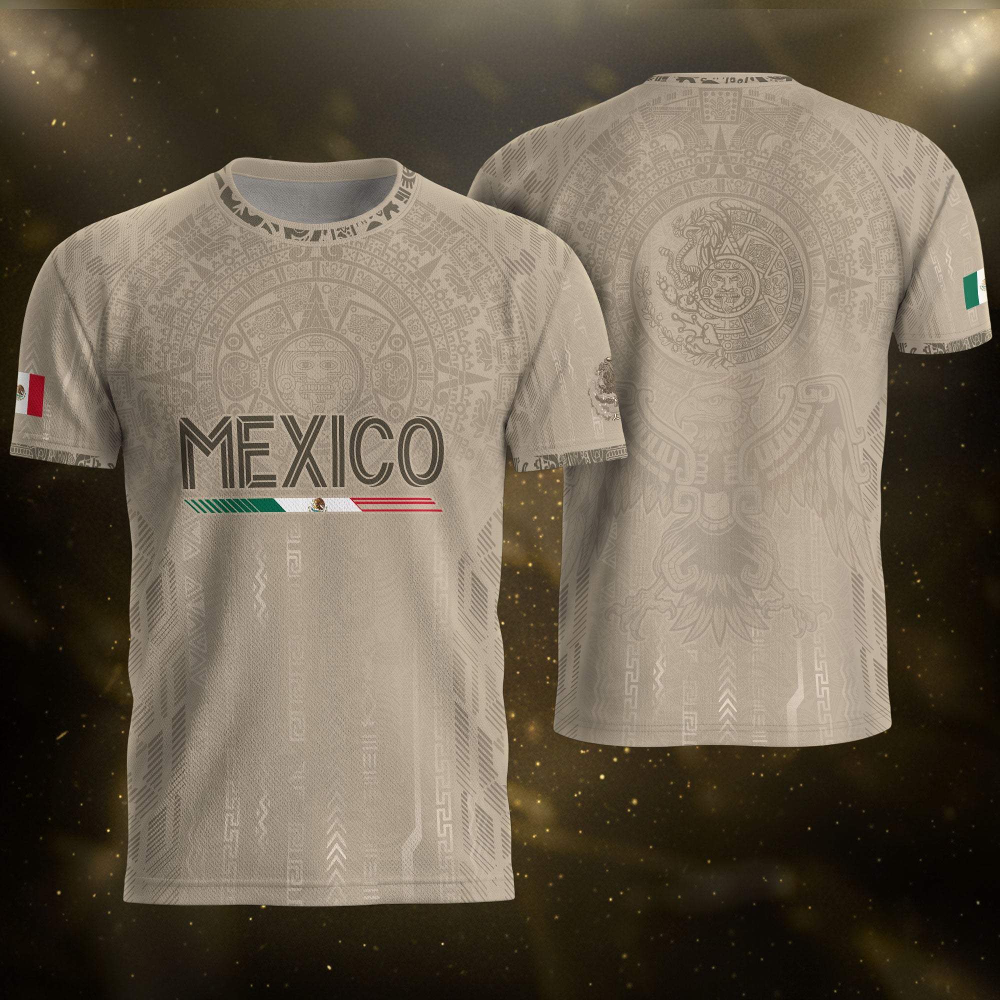 Camiseta de fútbol premium con emblema de águila azteca verde y dorado de México
