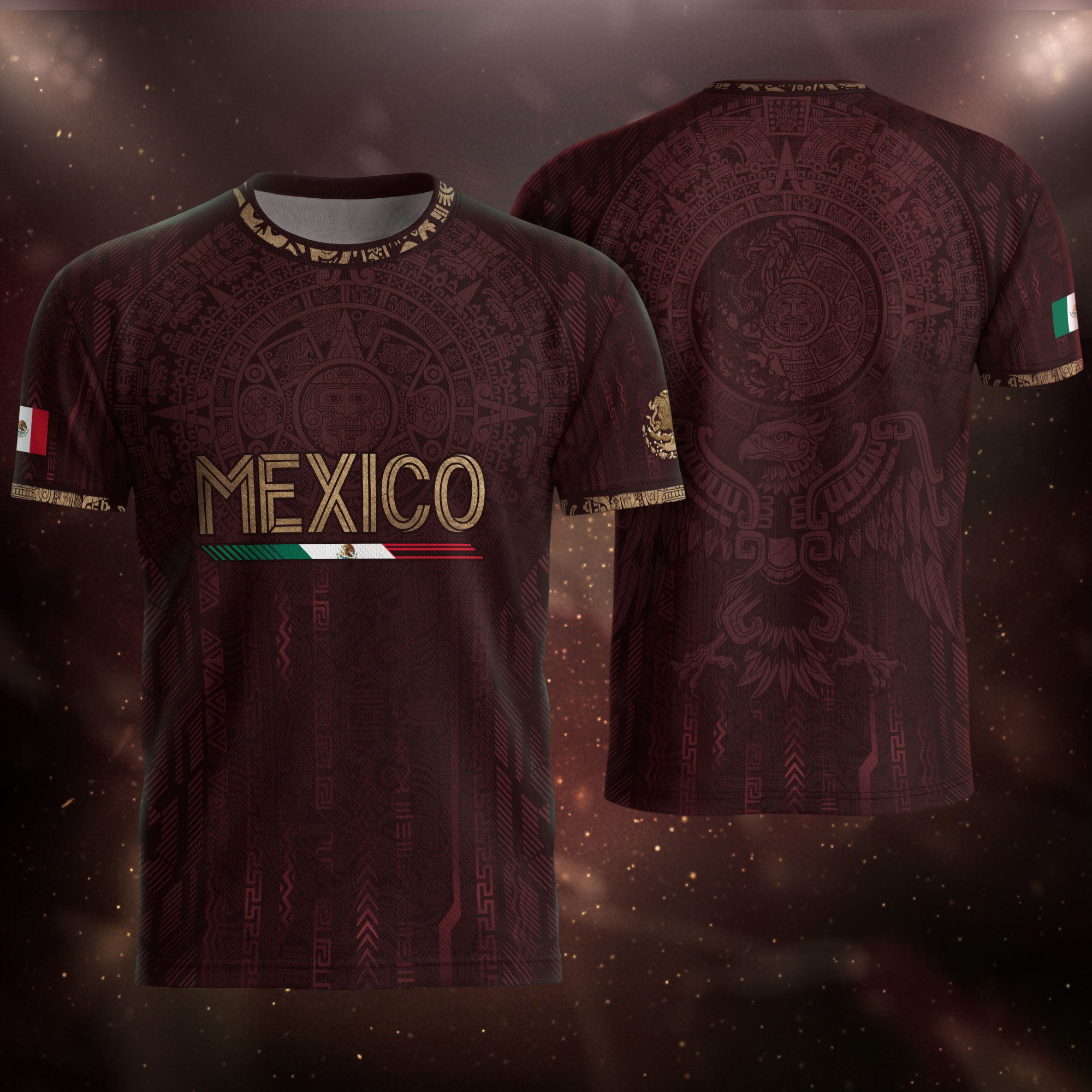 Camiseta de fútbol premium con emblema de águila azteca verde y dorado de México