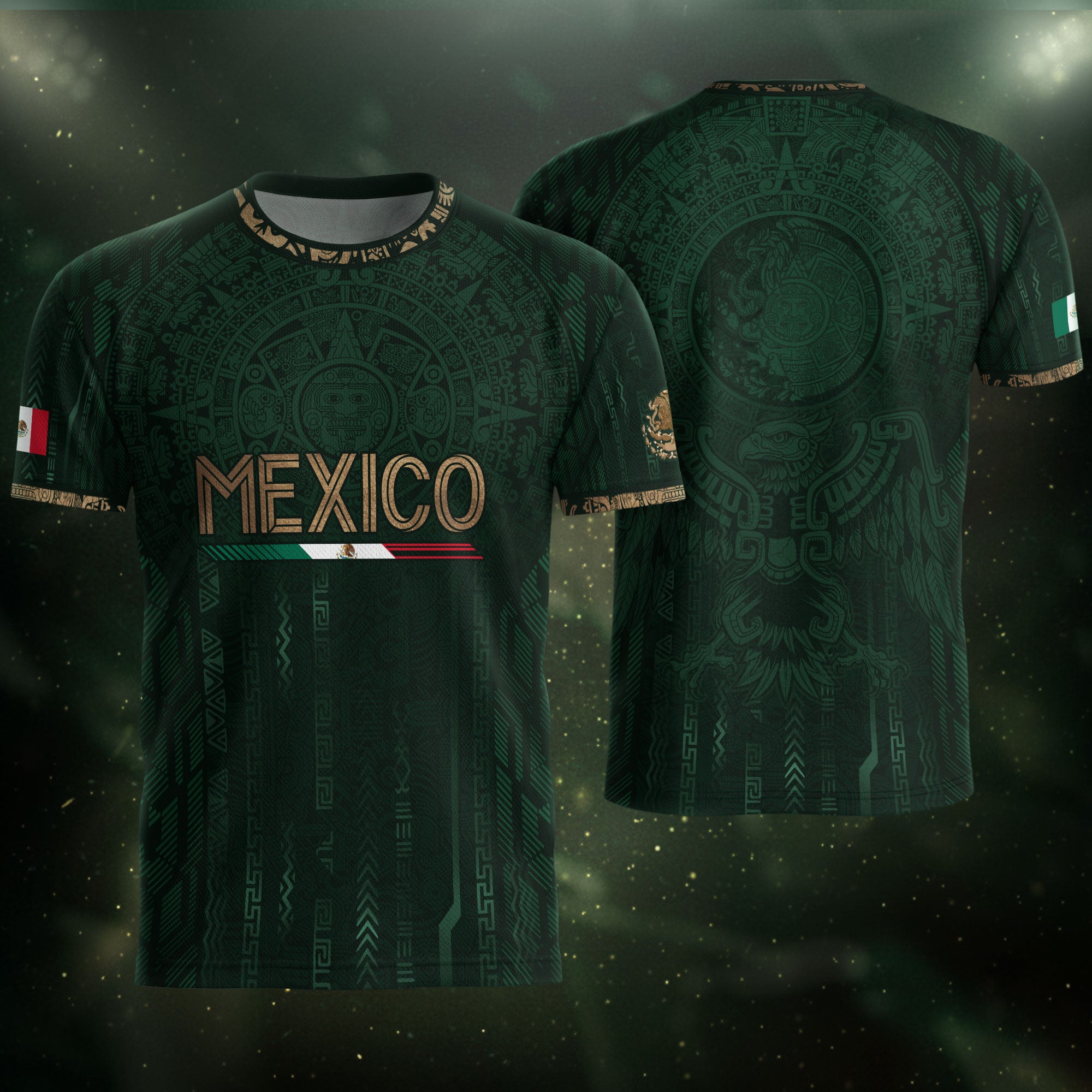 Camiseta de fútbol premium con emblema de águila azteca verde y dorado de México
