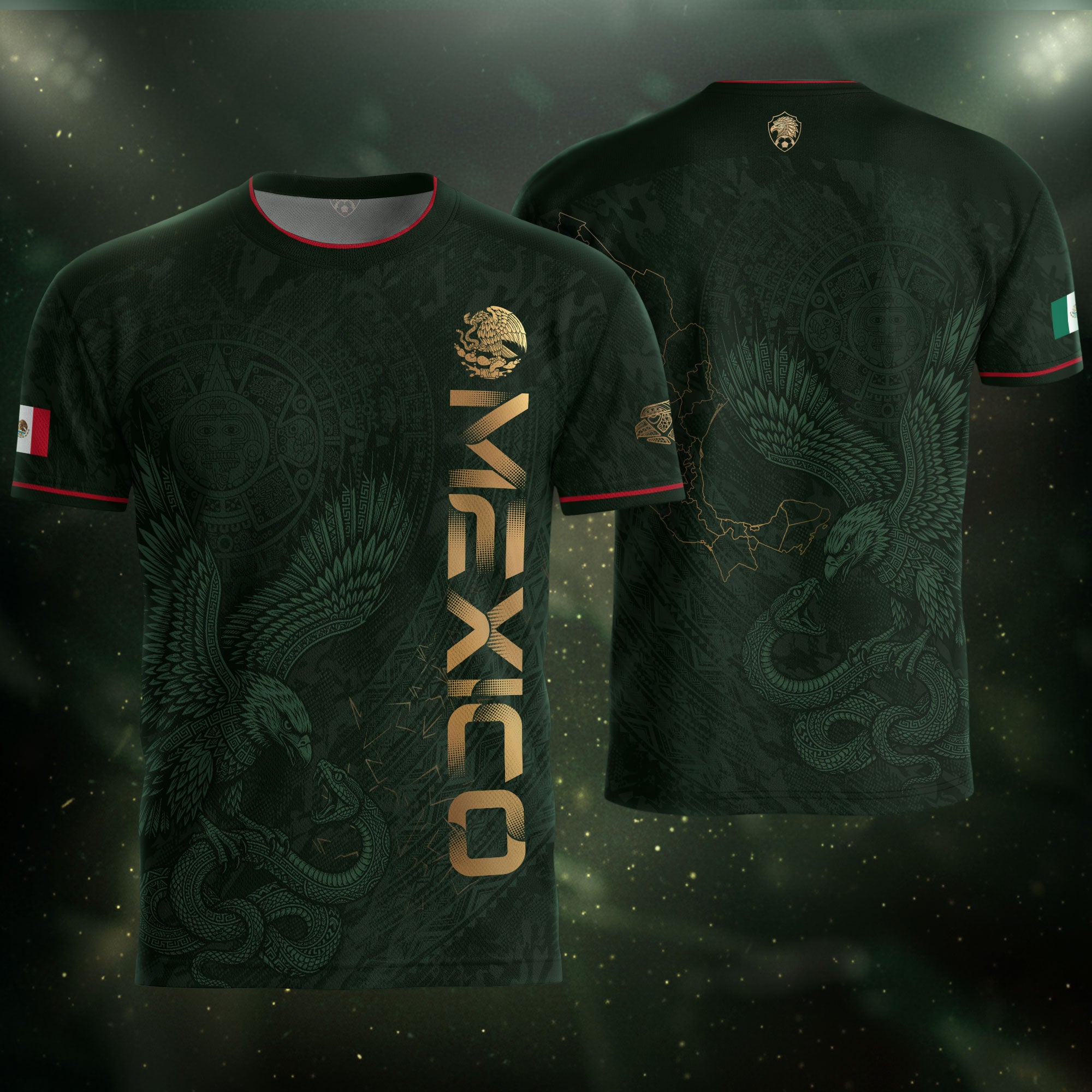 Camiseta de fútbol premium con emblema de águila azteca verde y dorado de México
