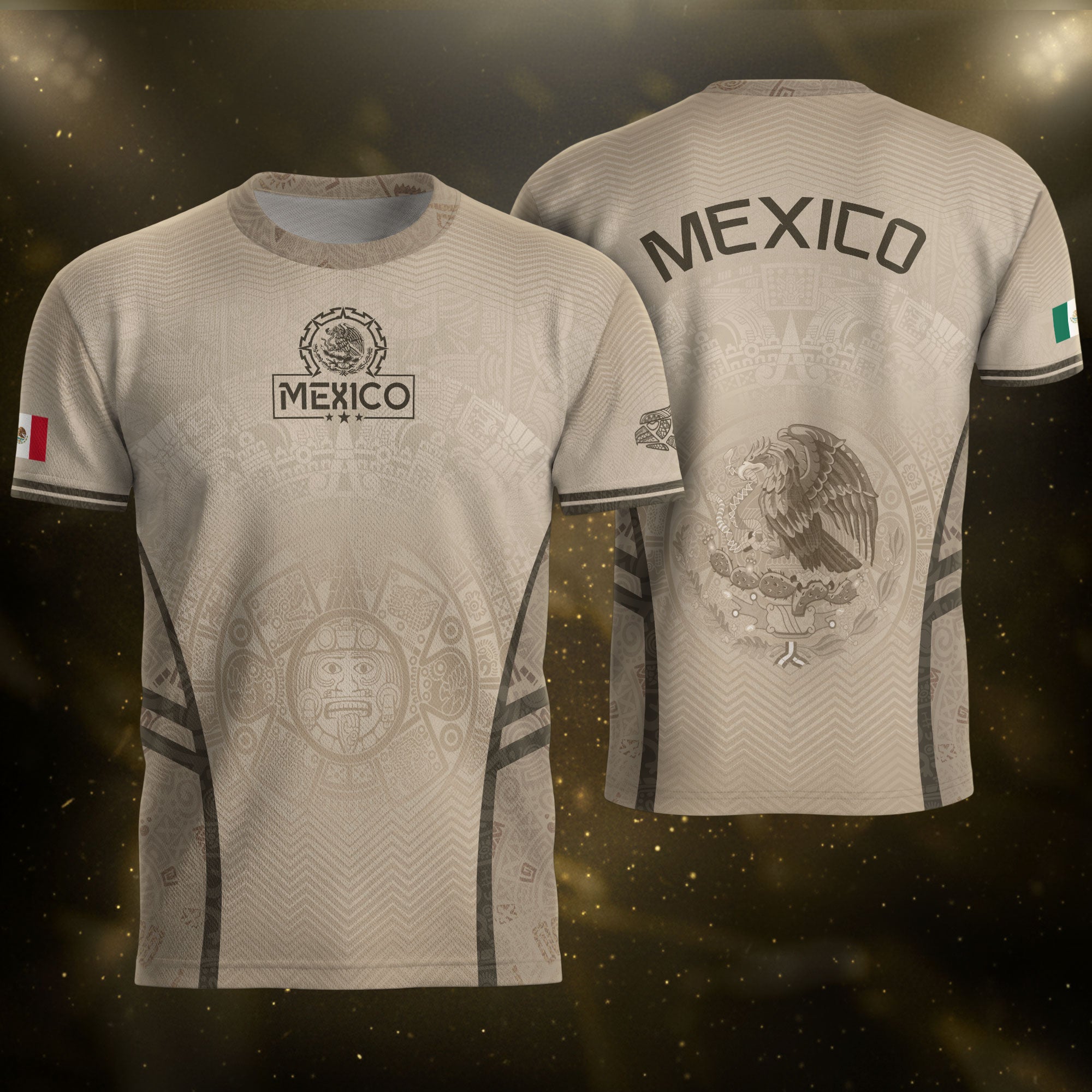 Camiseta de fútbol premium con emblema de águila azteca verde y dorado de México