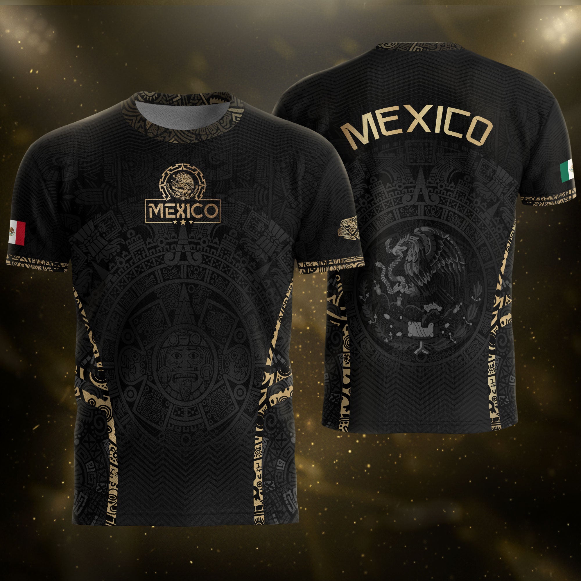Camiseta de fútbol premium con emblema de águila azteca verde y dorado de México