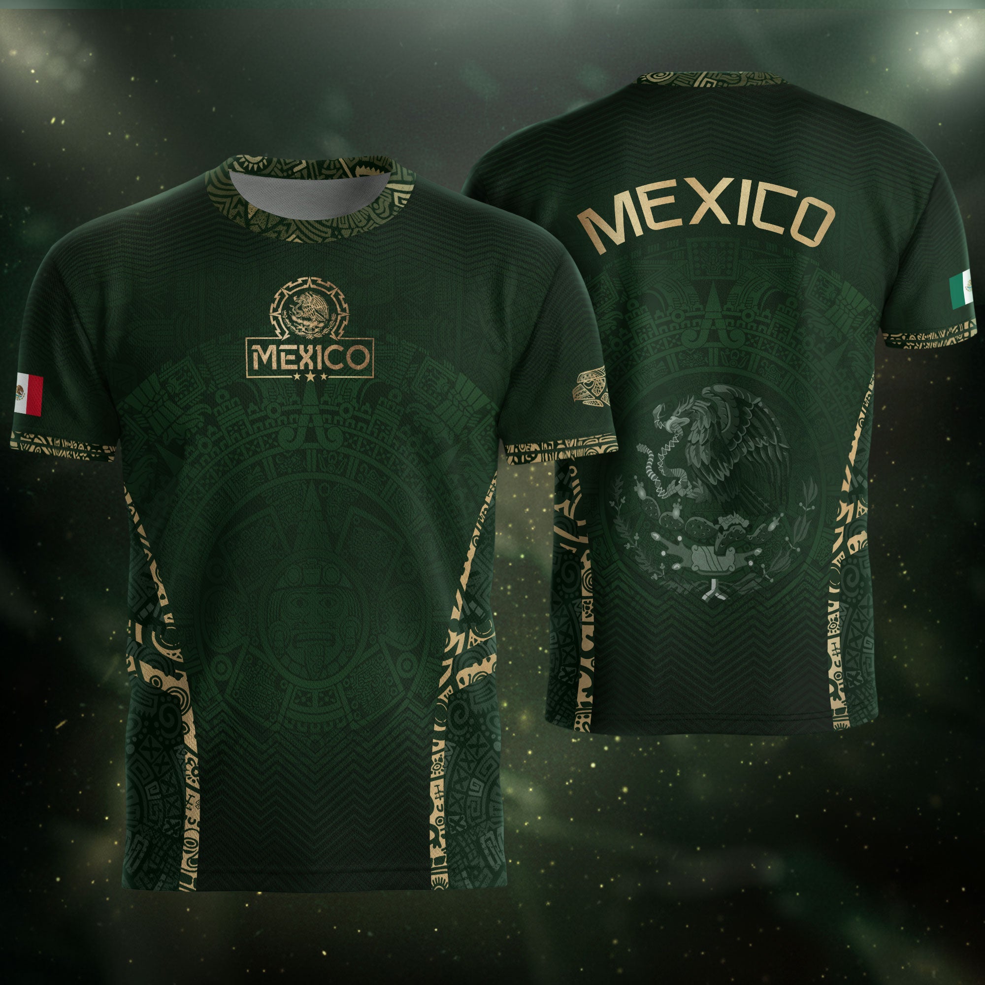 Camiseta de fútbol premium con emblema de águila azteca verde y dorado de México