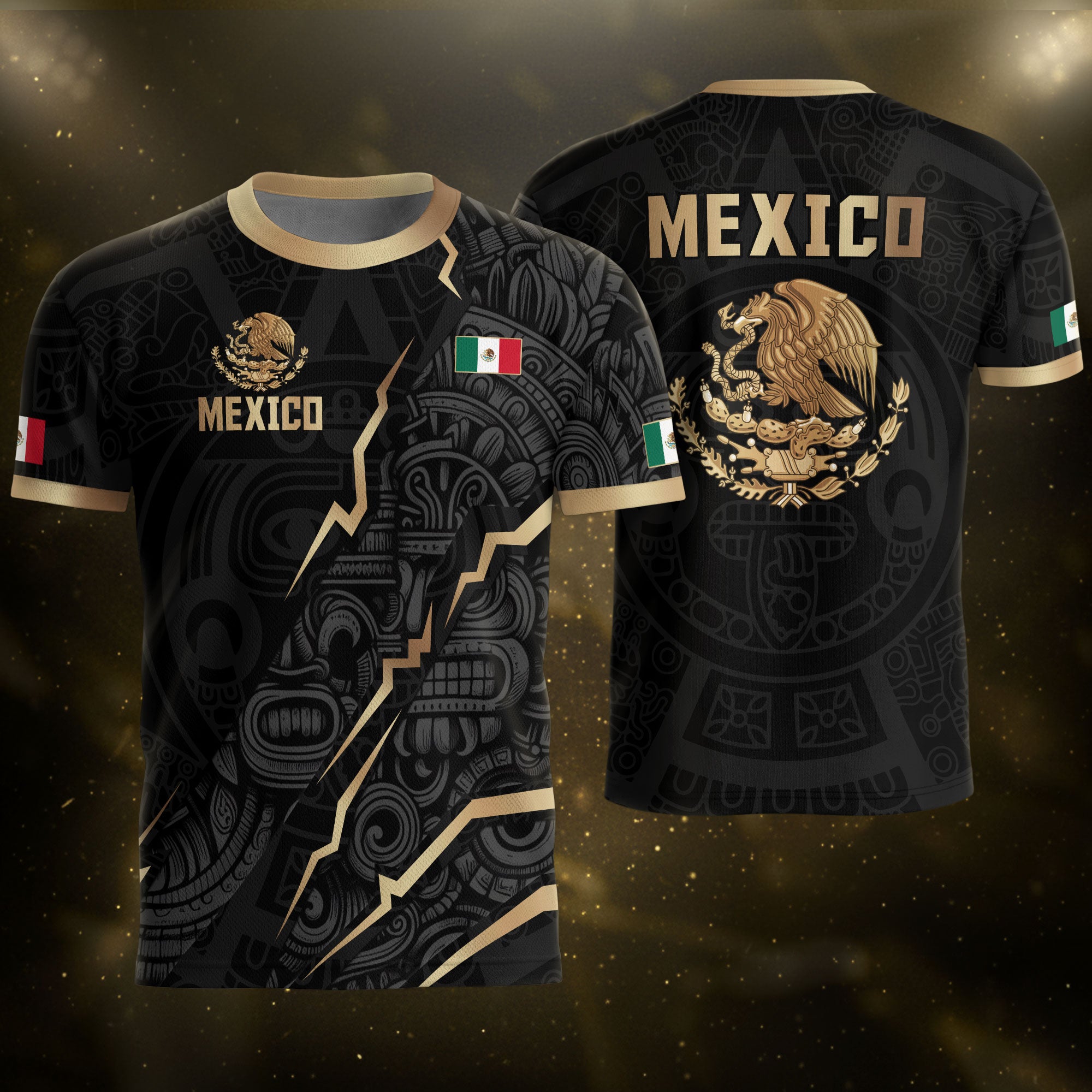 Camiseta de fútbol de la herencia del guerrero azteca del águila dorada negra de México