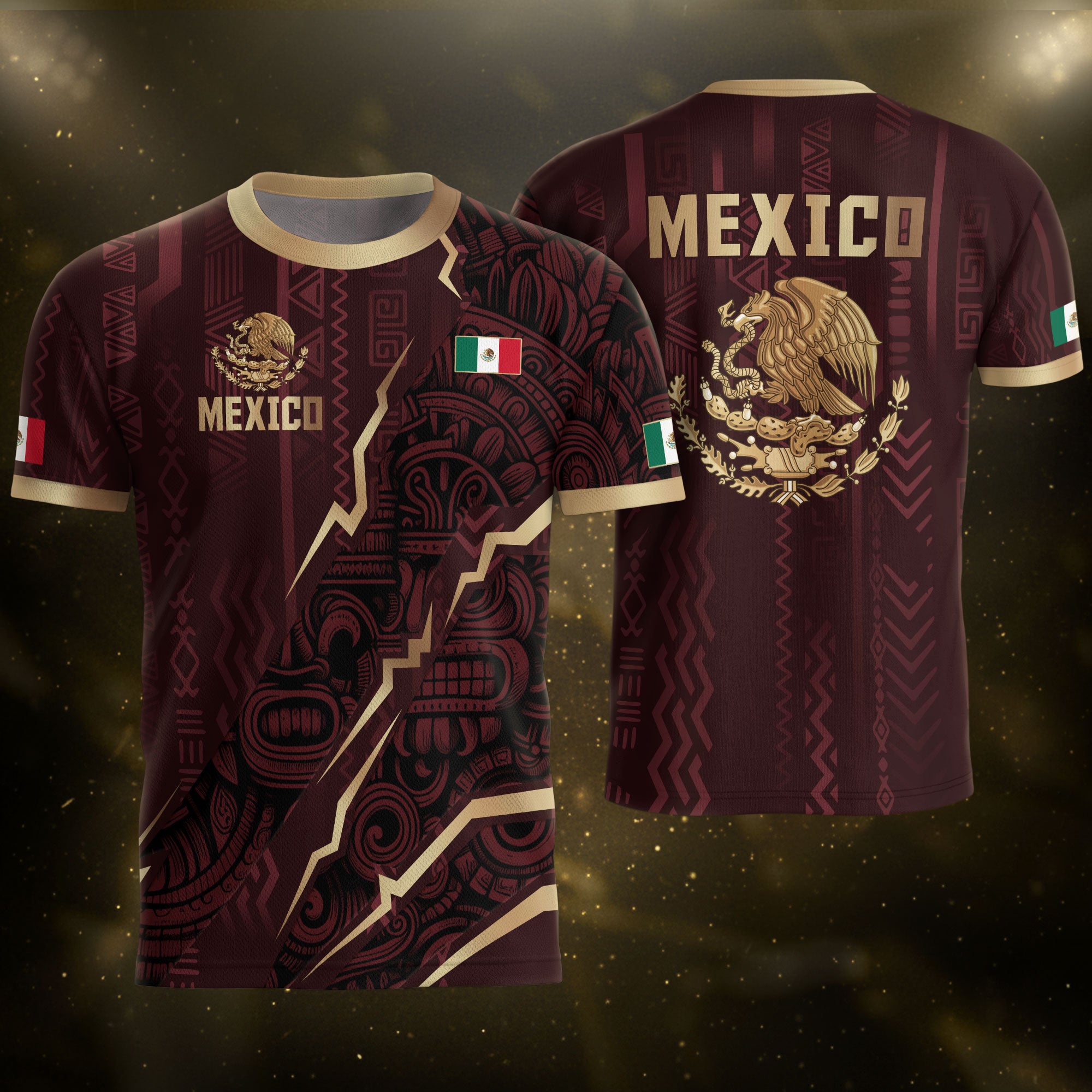 Camiseta de fútbol de la herencia del guerrero azteca del águila dorada negra de México