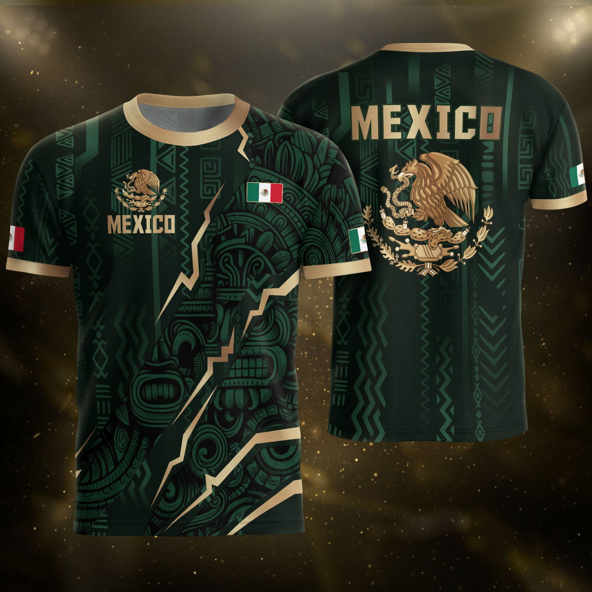 Camiseta de fútbol de la herencia del guerrero azteca del águila dorada negra de México