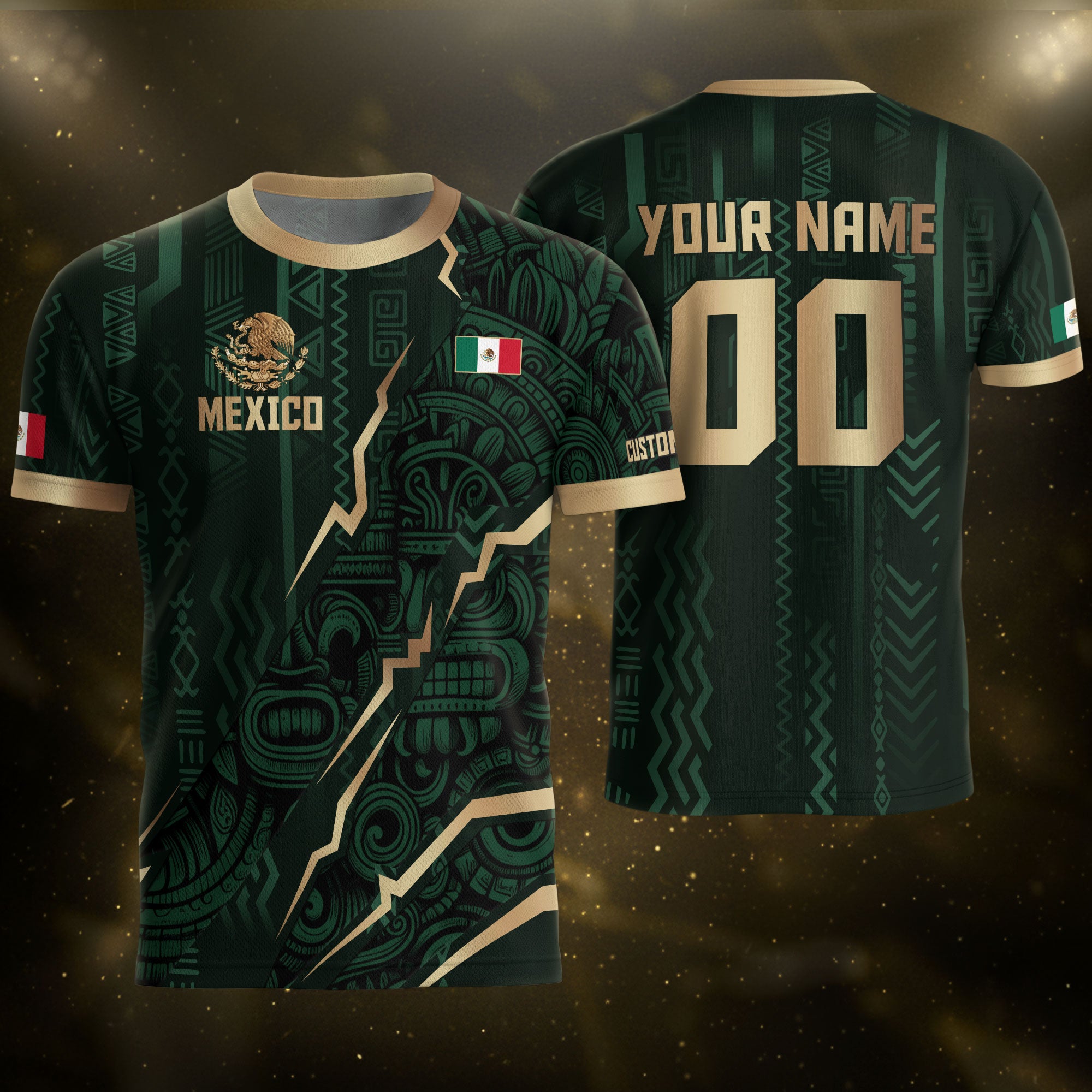 Custom Mexico Aztec Eagle Jersey Green Gold Mexican Pride Heritage Football Soccer Shirt