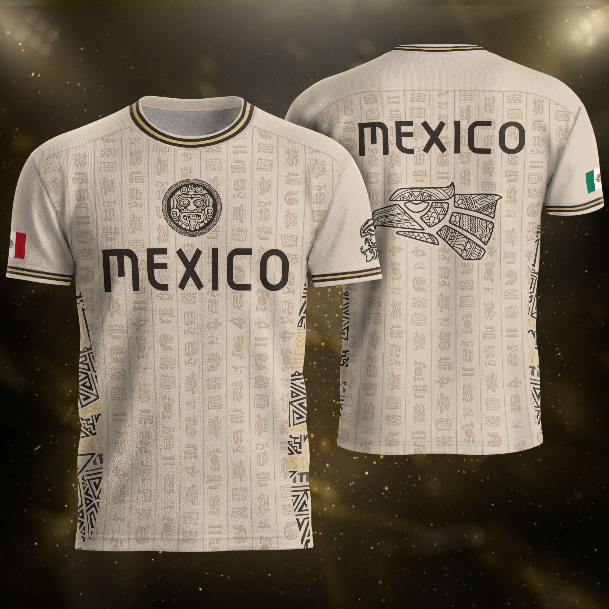Beige Mexico Soccer Jersey Aztec Heritage Pattern Mexican Football Shirt Unisex