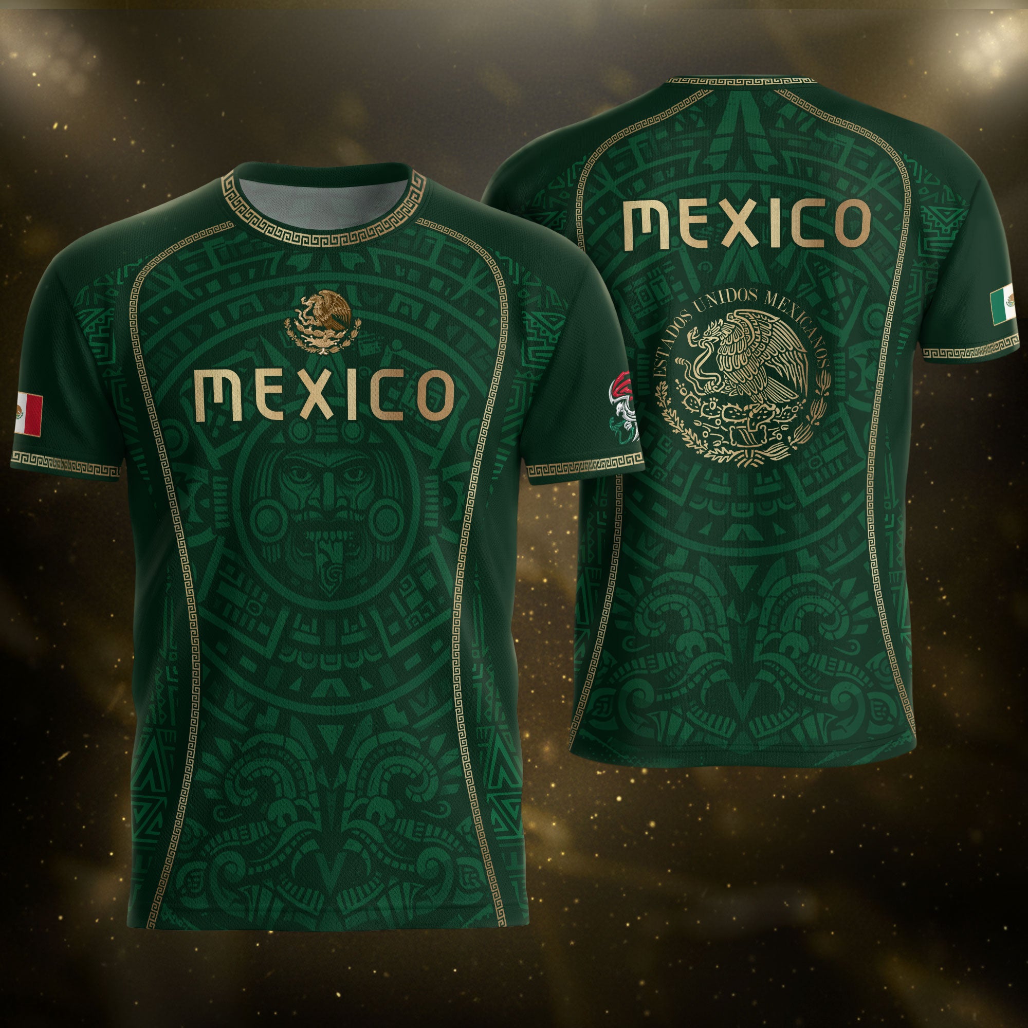 Green Mexico Soccer Jersey Aztec Sun Calendar Mexican Football Shirt for Fans